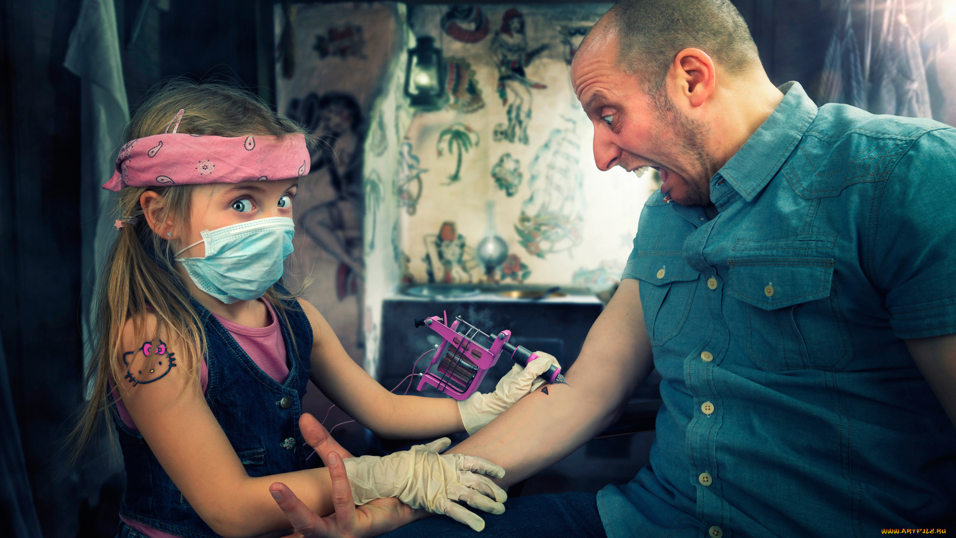 юмор, и, приколы, тату, салон, крик, мужчина, девочка