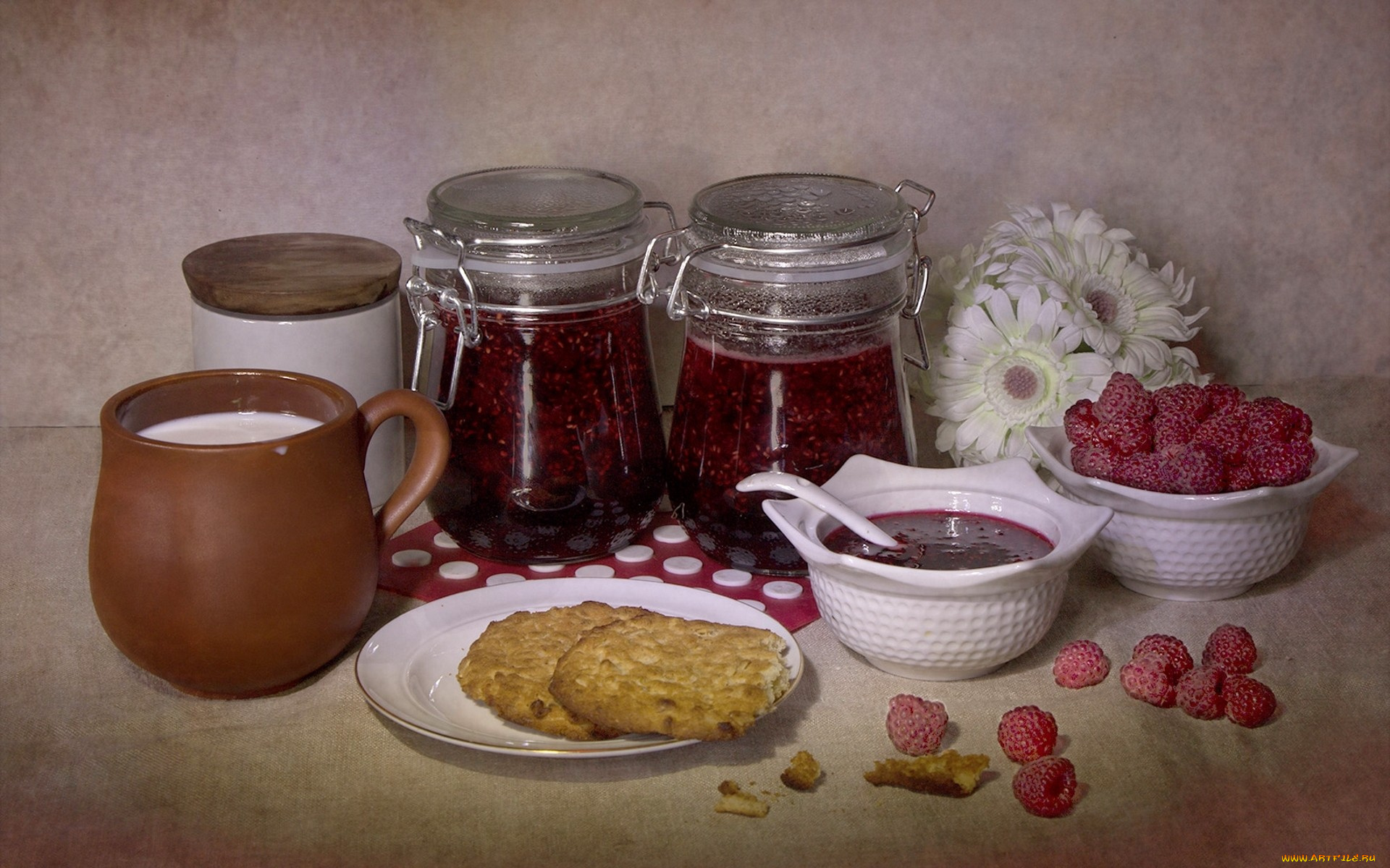 еда, мёд, , варенье, , повидло, , джем, варенье, посуда, молоко, натюрморт, печенье, малина, цветы, гербера