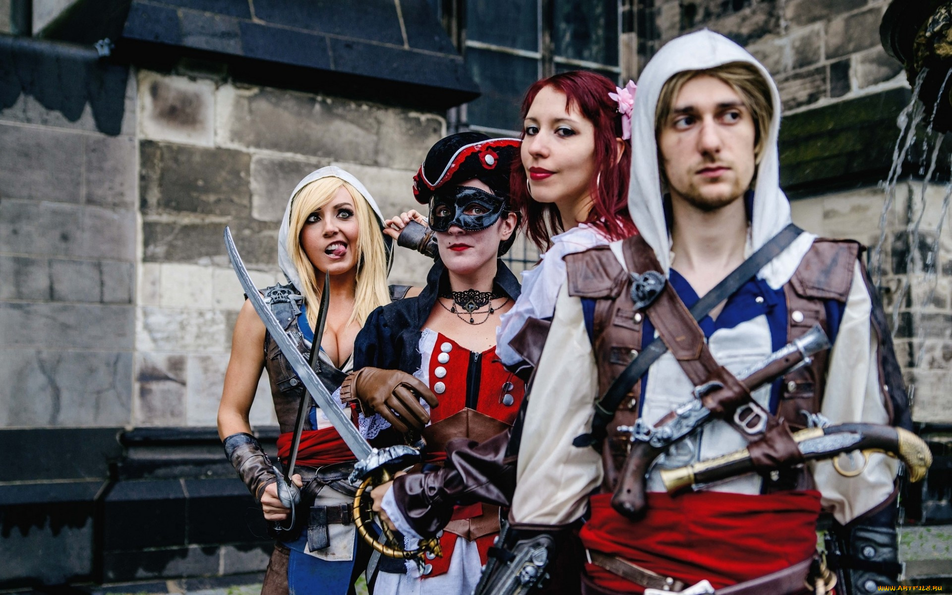 разное, маски, , карнавальные, костюмы, jessica, nigri, swords, antique, firearms, dress, assassin's, creed, cosplay, blonde, women, men, pose