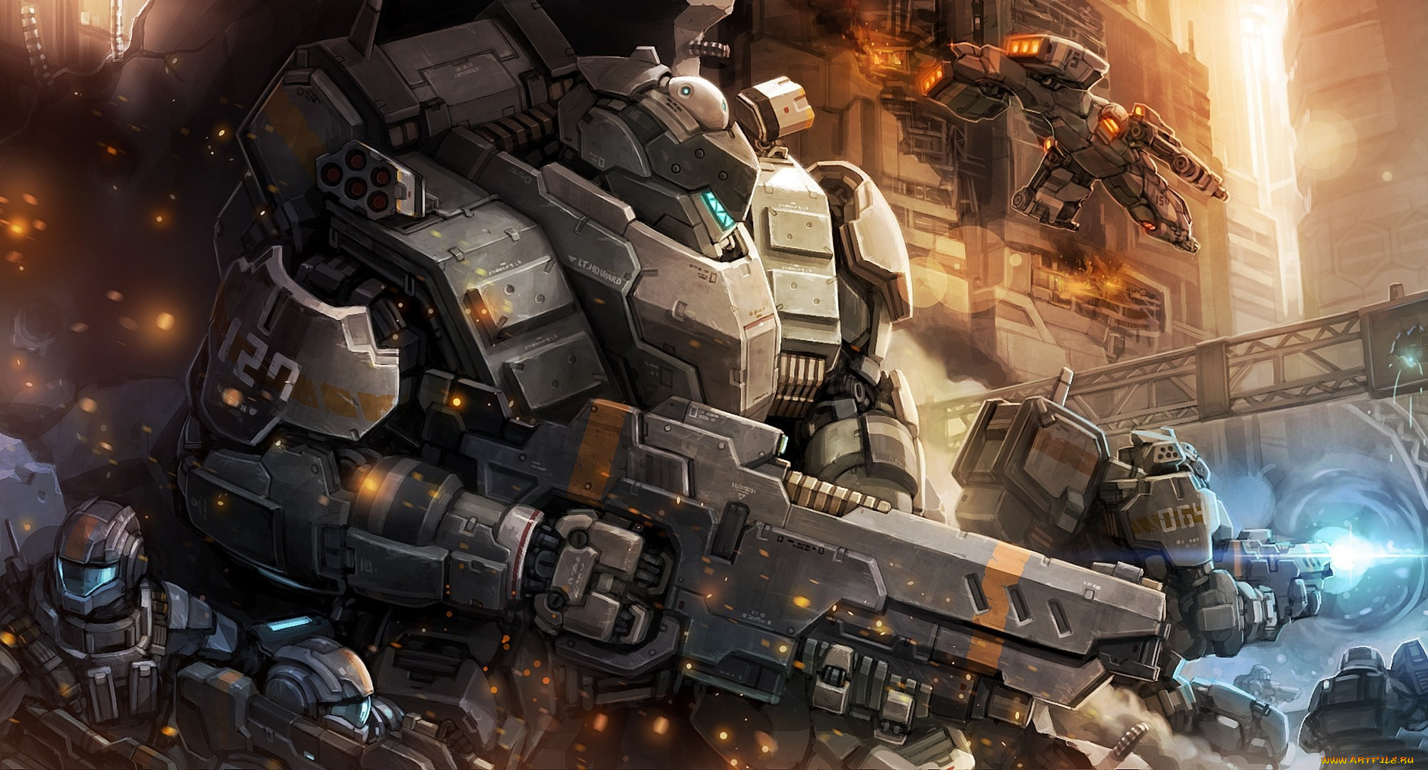 фэнтези, роботы, , киборги, , механизмы, бойцы, война, оружие, арт, man, fight, battlefield, city, war, robot, mecha