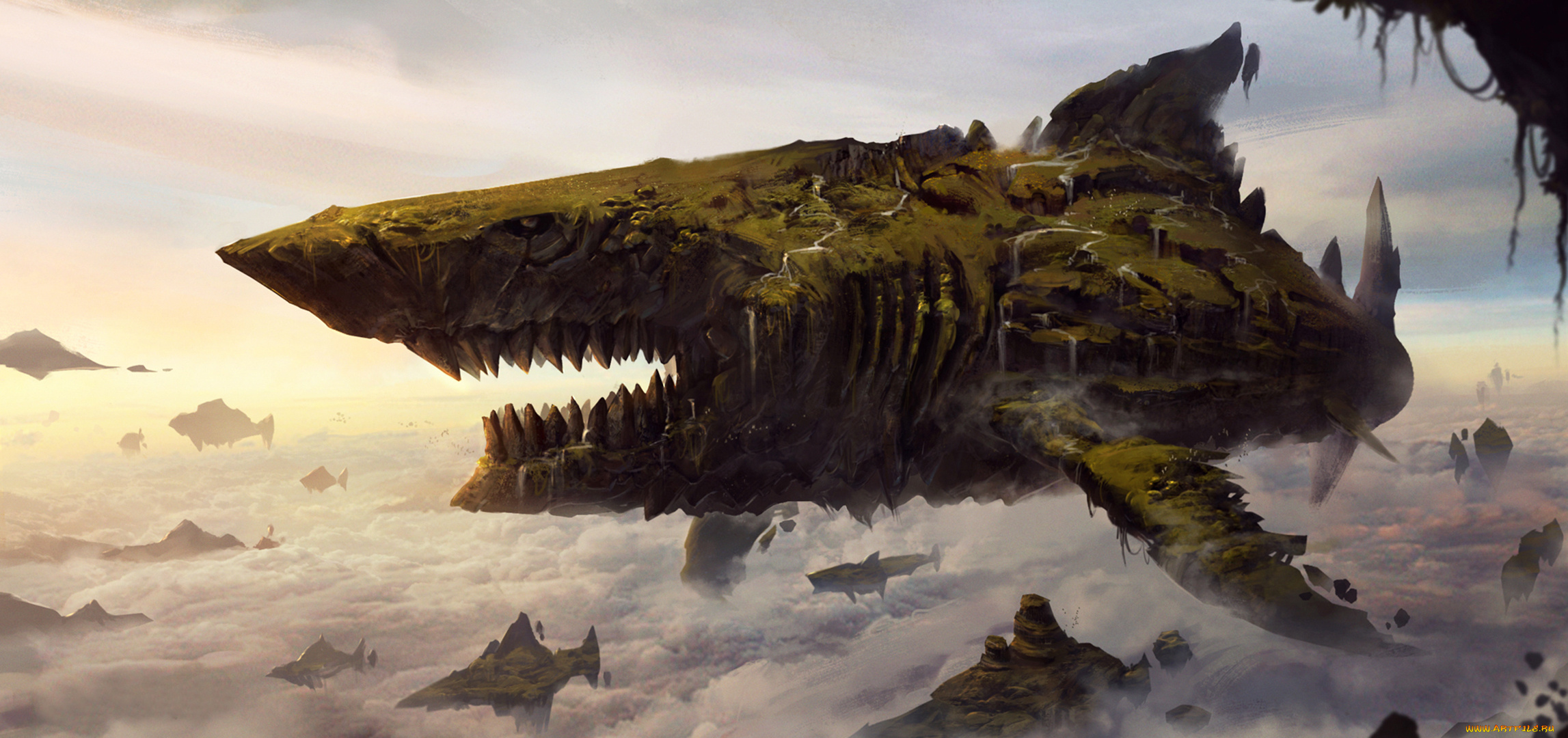 фэнтези, существа, летит, зубы, арт, облака, небо, акула, полёт