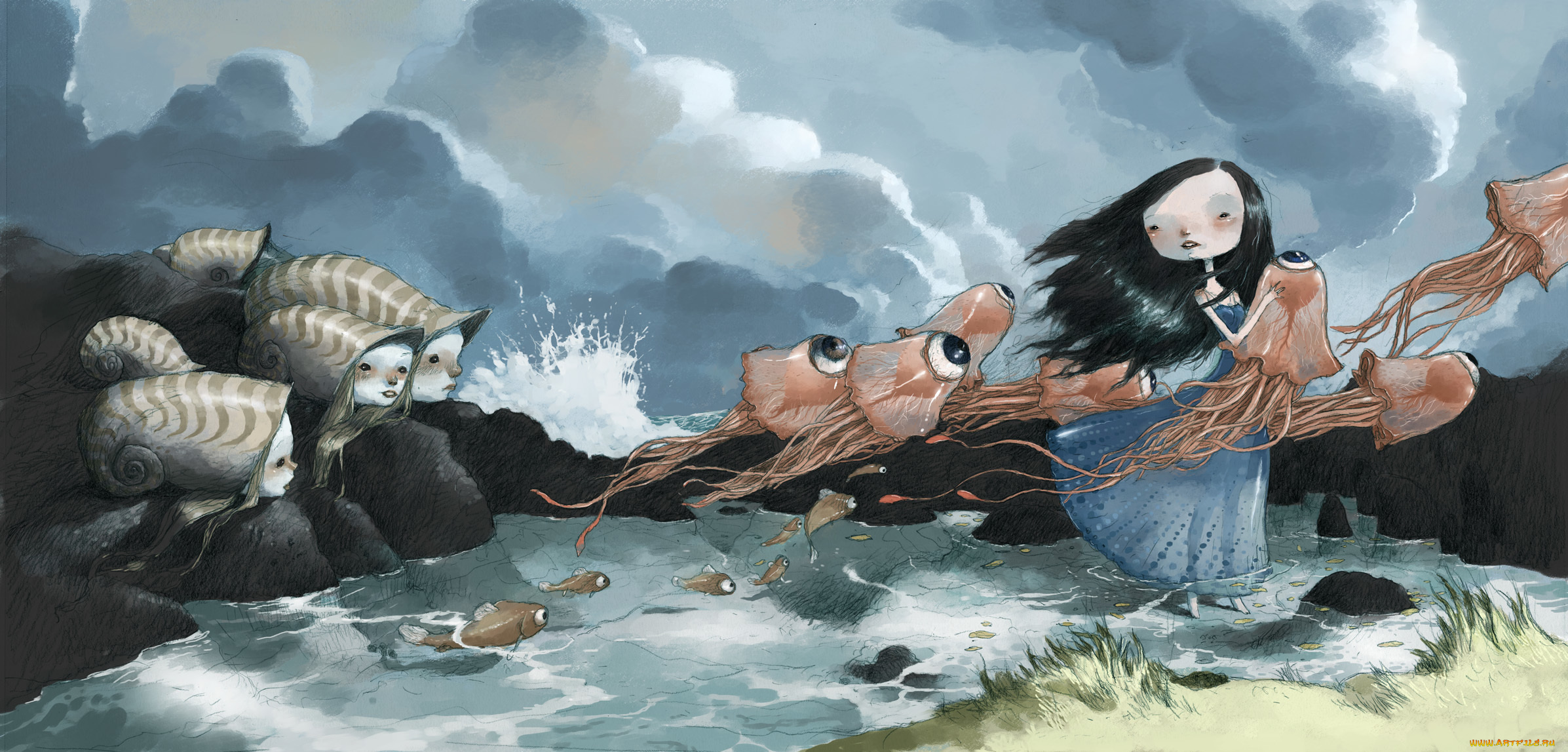 фэнтези, существа, арт, девочка, ветер, море, рыбы, медузы, фантазия