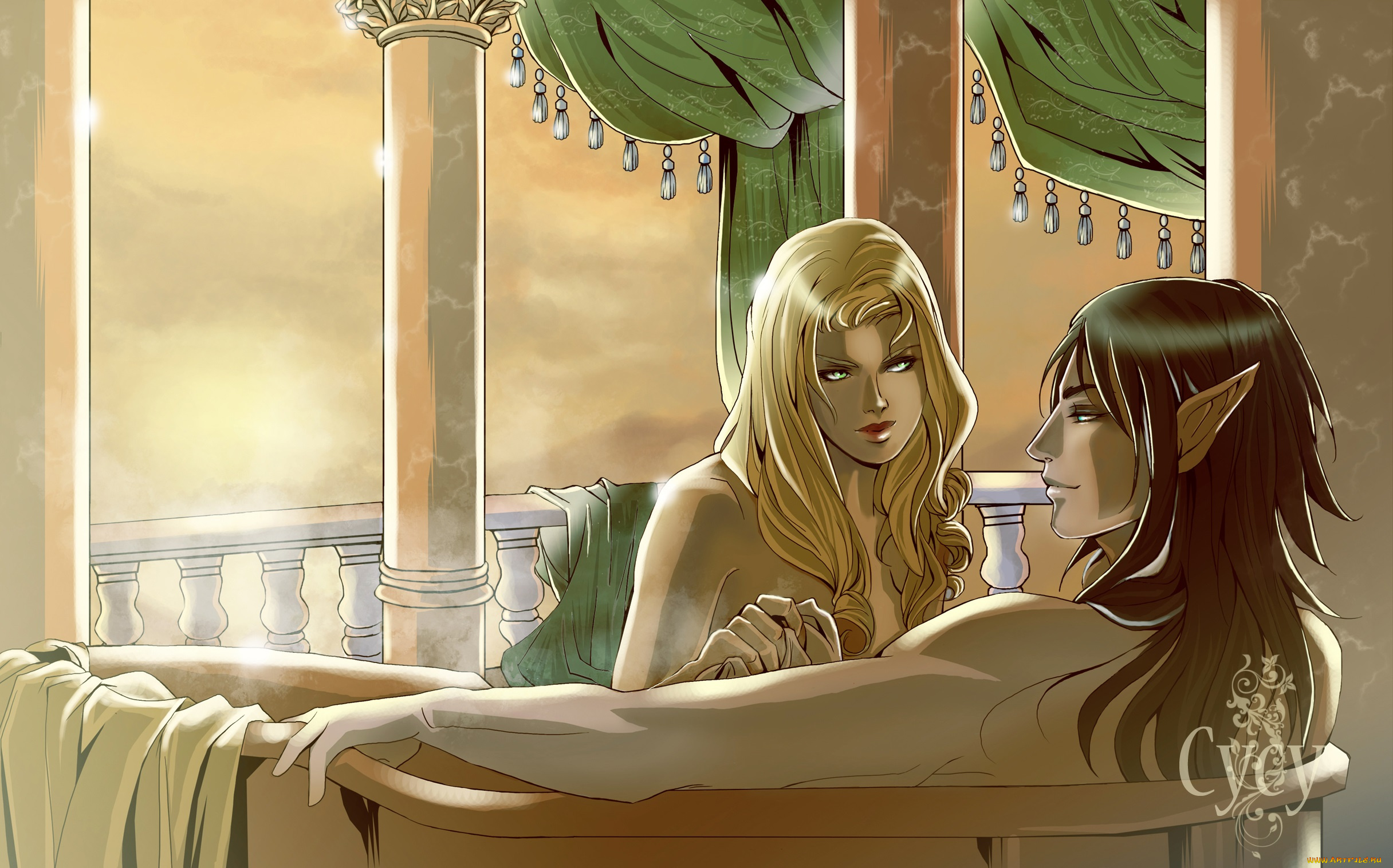 фэнтези, эльфы, девушка, блондинка, брюнет, эльф, ванна, laufey, любовь, пара