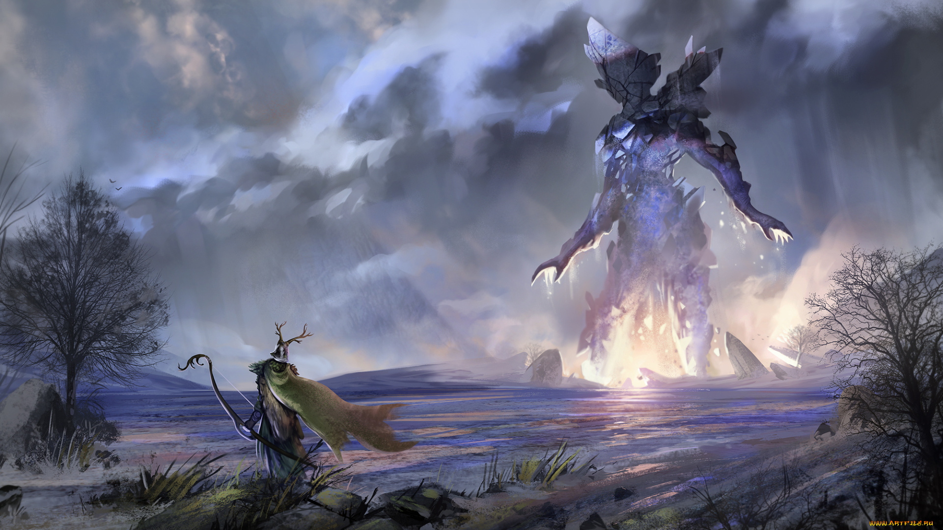 фэнтези, существа, поле, лук, воин, гигант, монстр