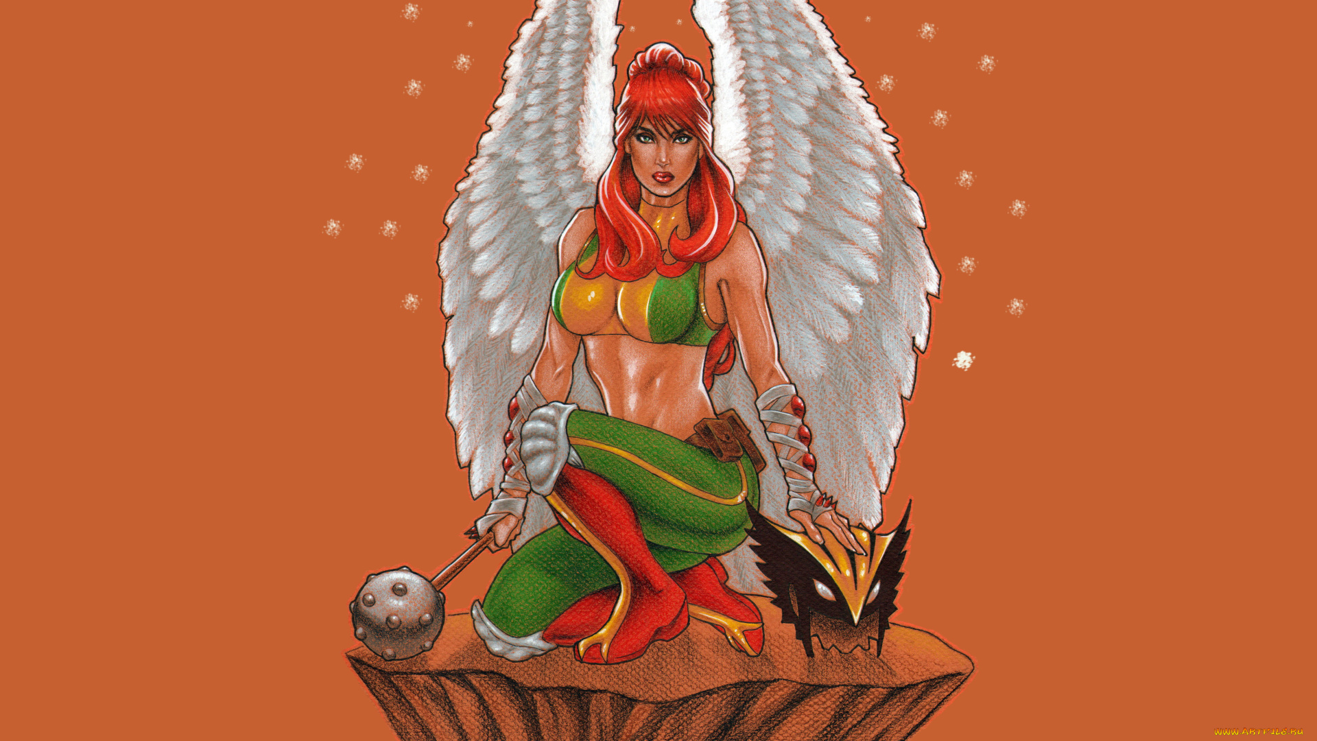 рисованное, комиксы, фон, взгляд, булава, крылья, девушка