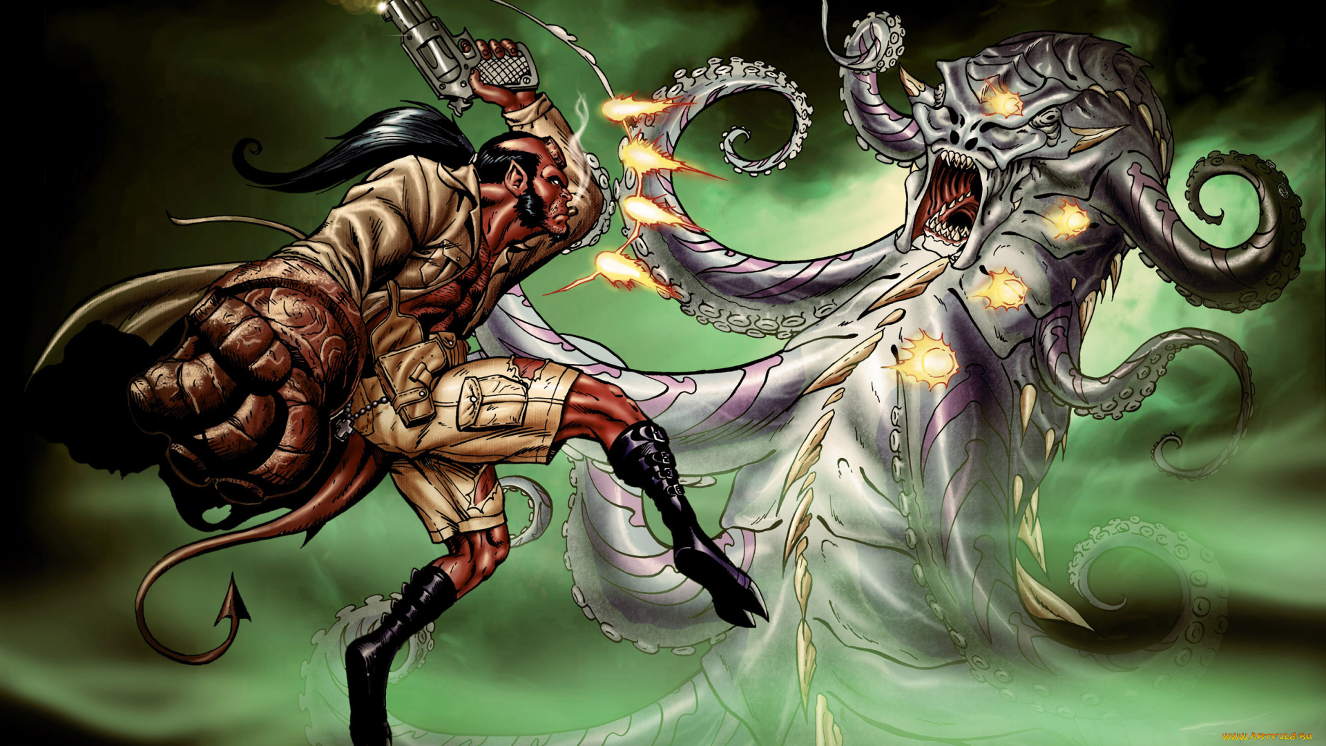 рисованное, комиксы, существо, мужчина, фон, пистолет