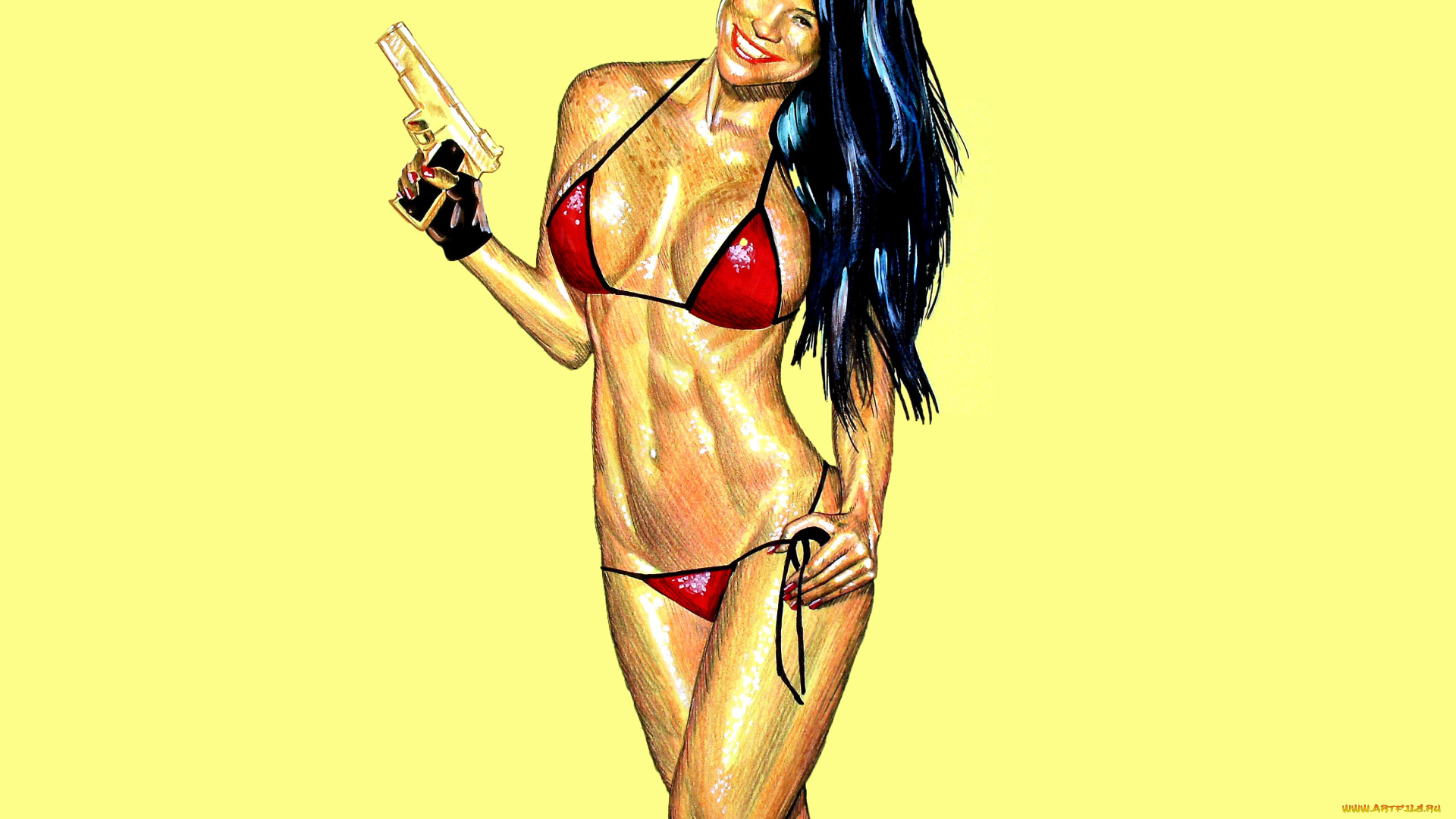 рисованное, люди, улыбка, купальник, взгляд, девушка, фон, пистолет