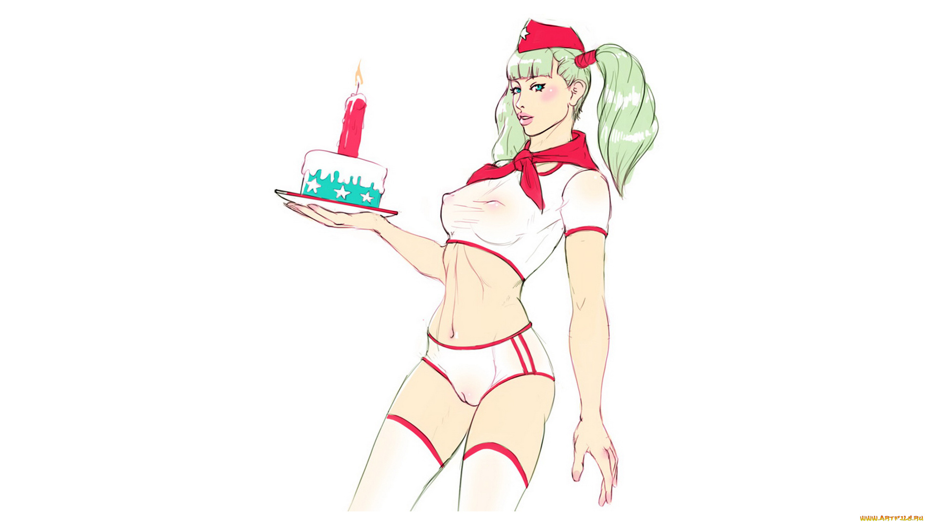 рисованное, люди, взгляд, галстук, пионерка, девушка, фон, свеча, торт