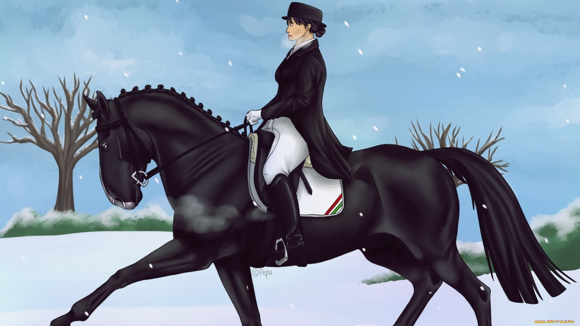 рисованное, животные, , лошади, лошадь, фон, всадник