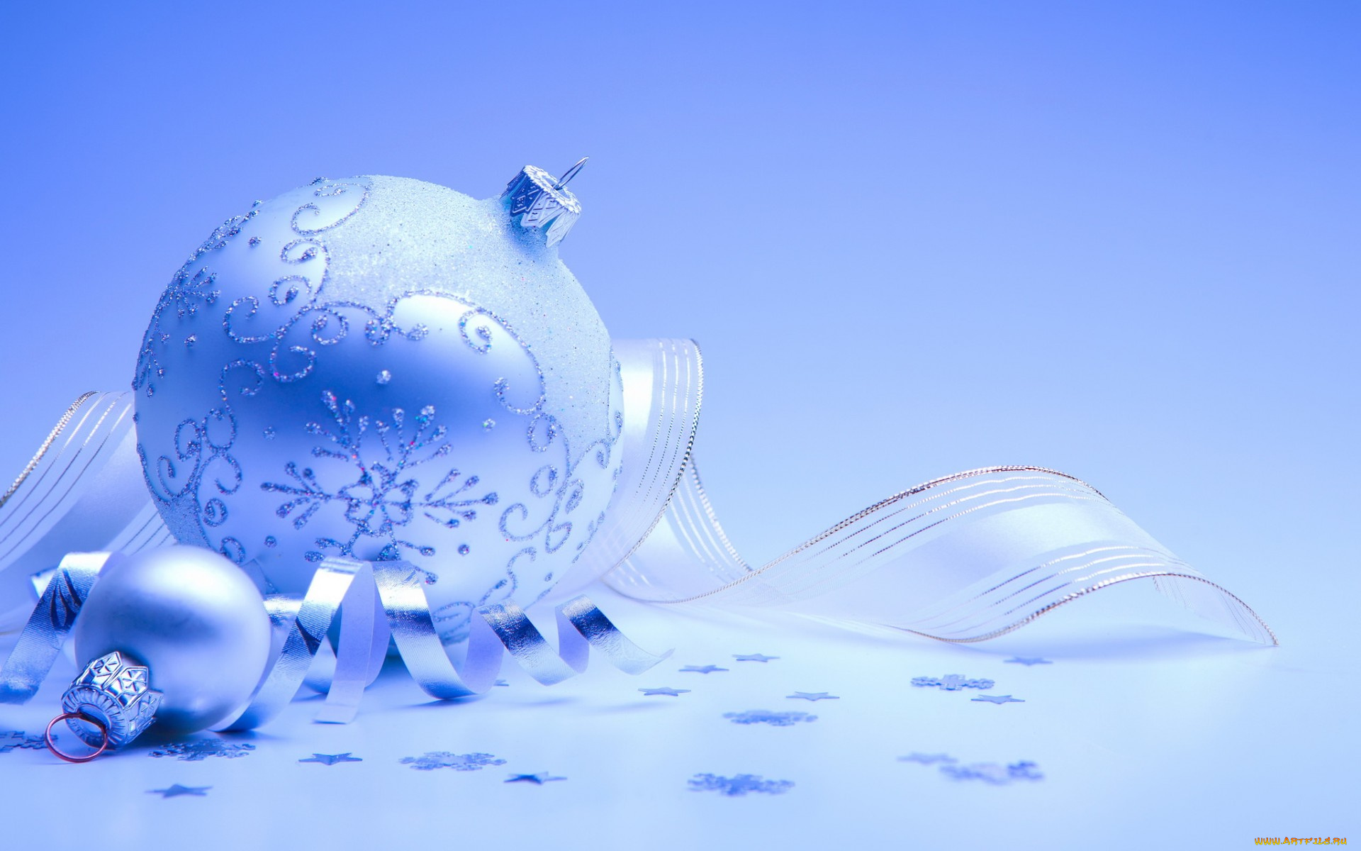 праздничные, шары, голубой, лента, снежинки, игрушки