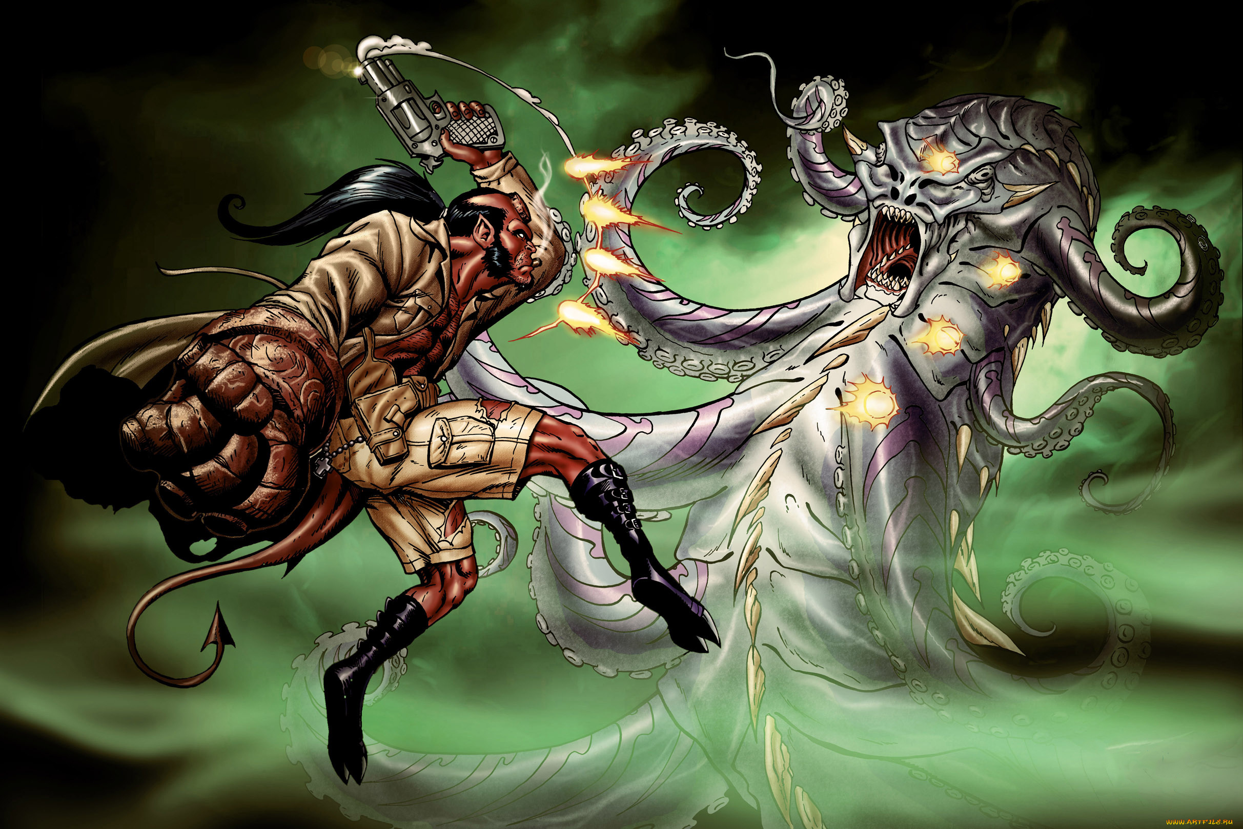 рисованное, комиксы, существо, мужчина, фон, пистолет