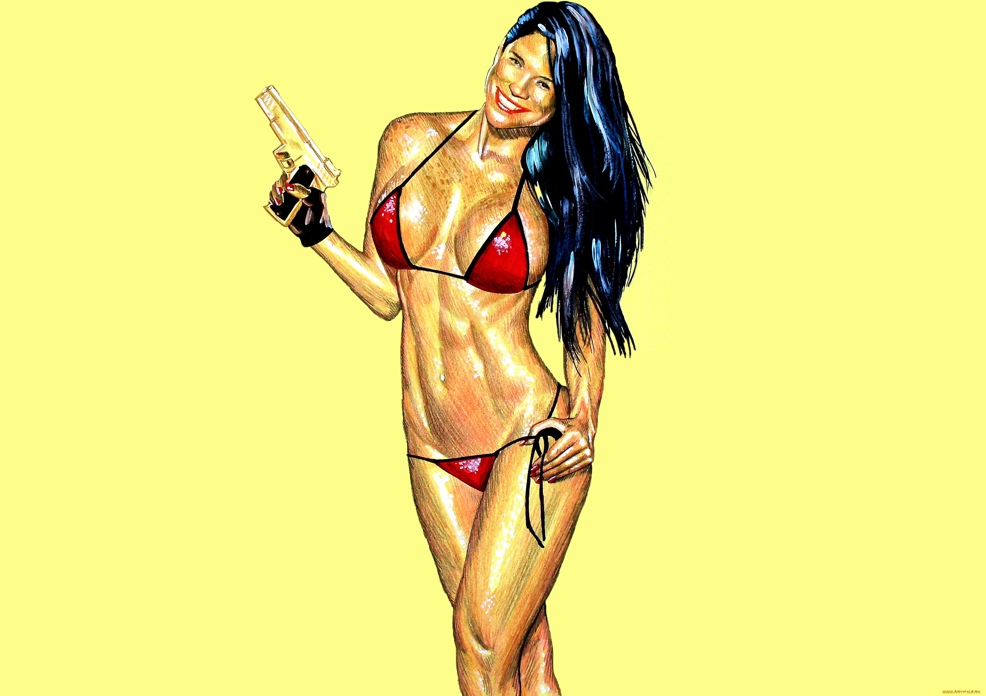 рисованное, люди, улыбка, купальник, взгляд, девушка, фон, пистолет