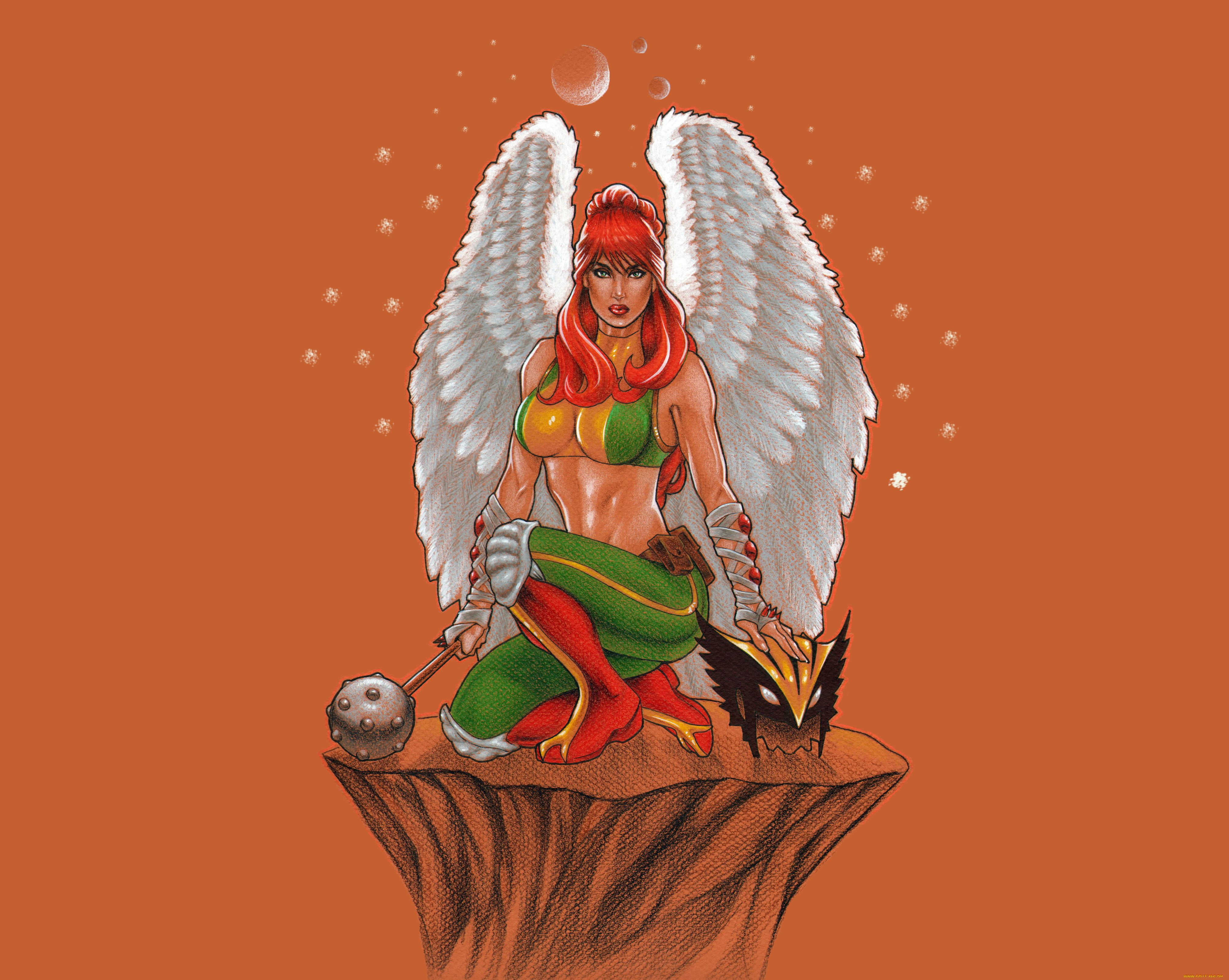 рисованное, комиксы, фон, взгляд, булава, крылья, девушка