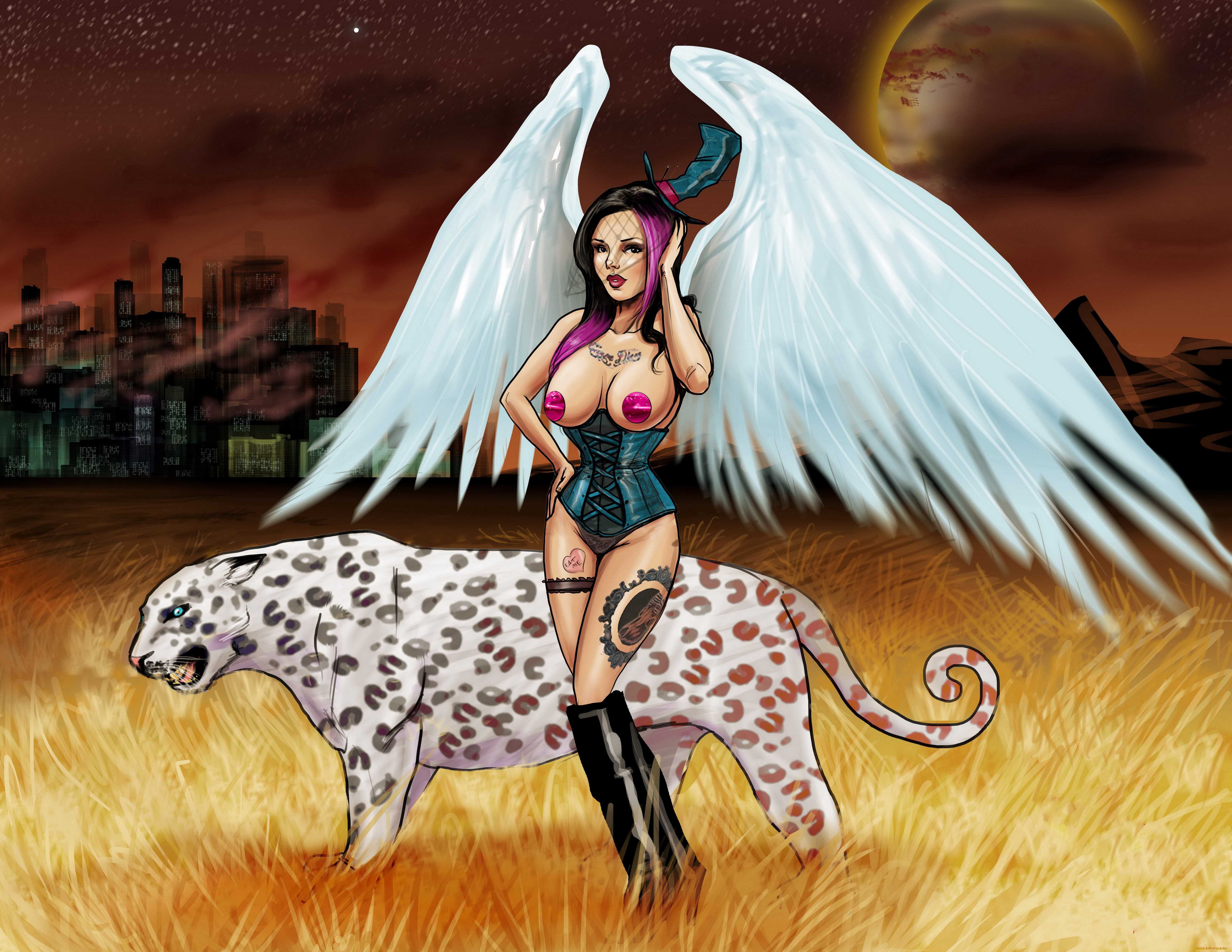 фэнтези, ангелы, гепард, крылья, взгляд, фон, девушка