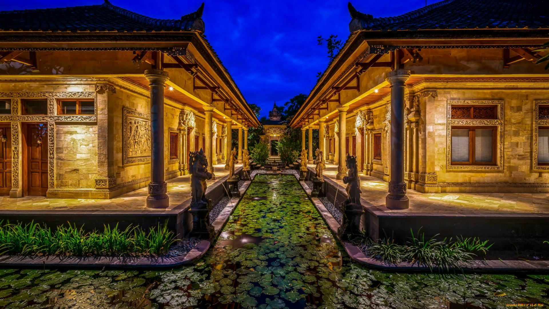 индонезия, разное, садовые, и, парковые, скульптуры, освещение, трава, здания, водоем