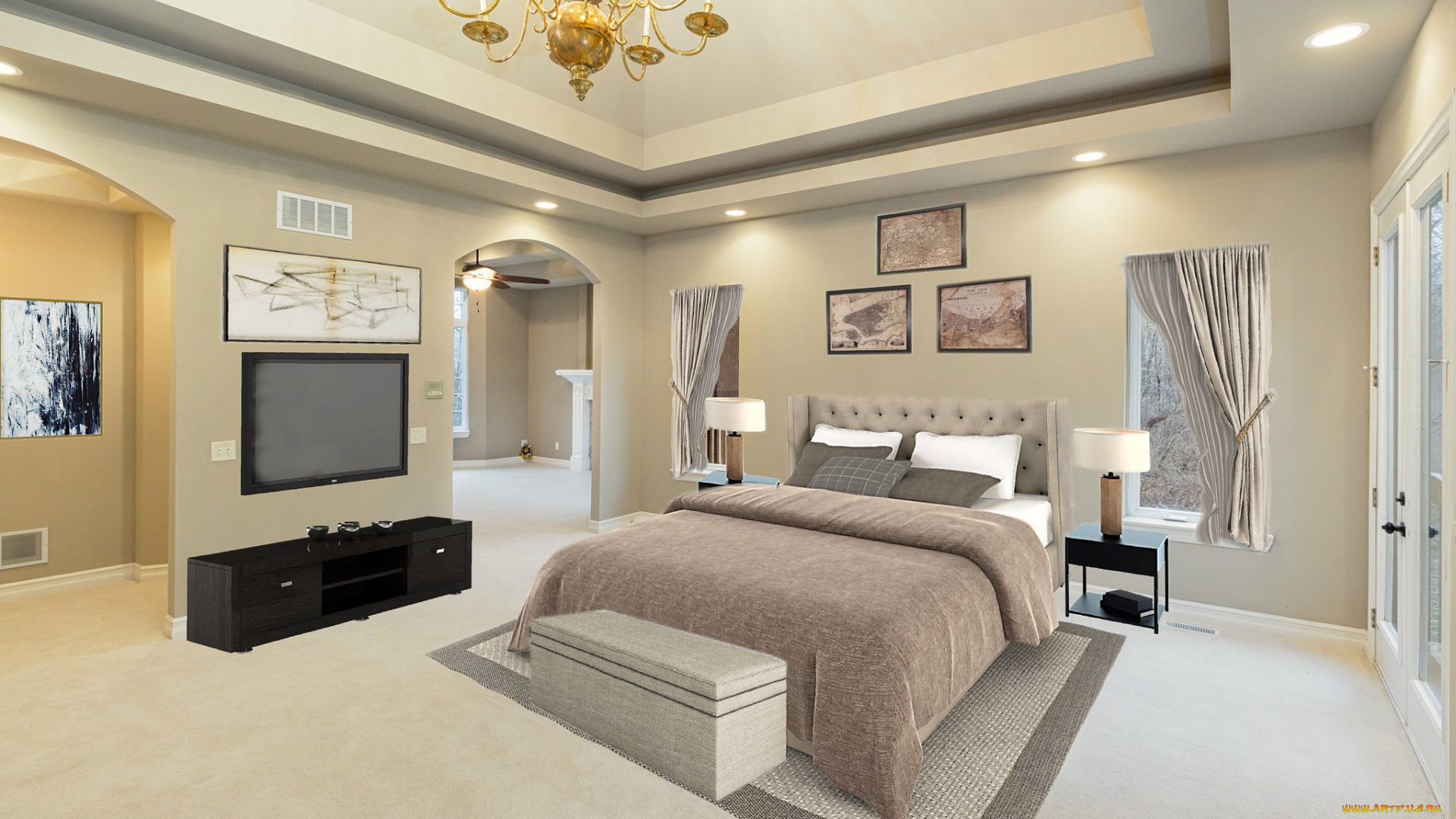 3д, графика, реализм, , realism, дизайн, кровать, телевизор, спальня