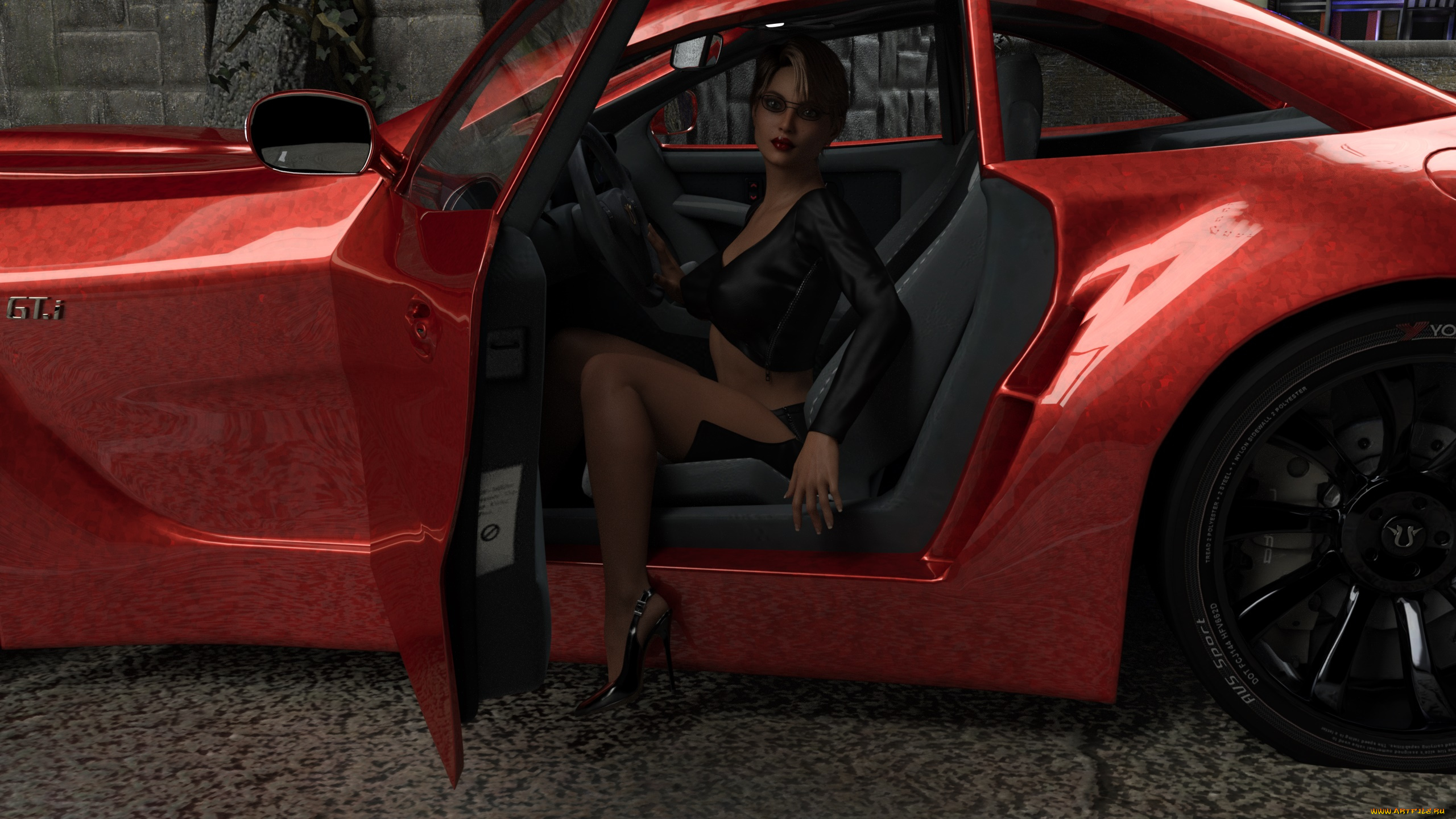 3д, графика, люди-авто, мото, , people-, car, , , moto, взгляд, девушка, автомобиль, фон