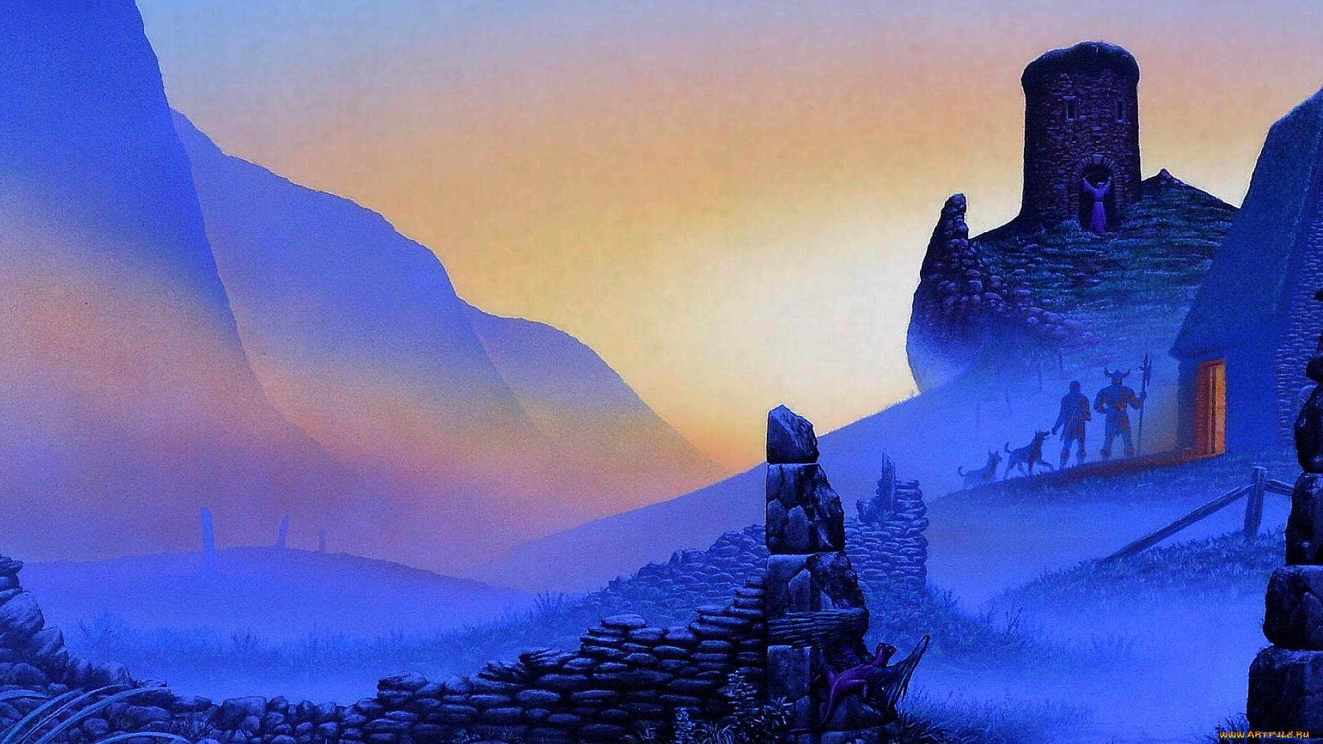 фэнтези, иные, миры, , иные, времена, горы, люди, собаки, дом, забор