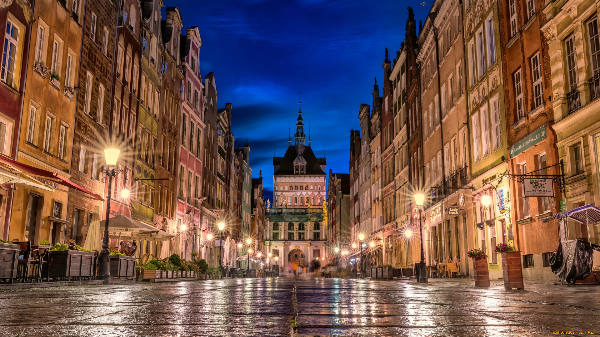 города, гданьск, , польша, улица, фонари, вечер, огни