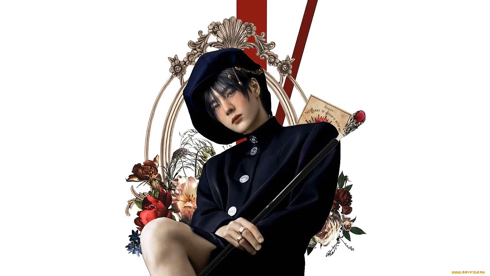 рисованное, люди, ван, ибо, цветы, берет, трость