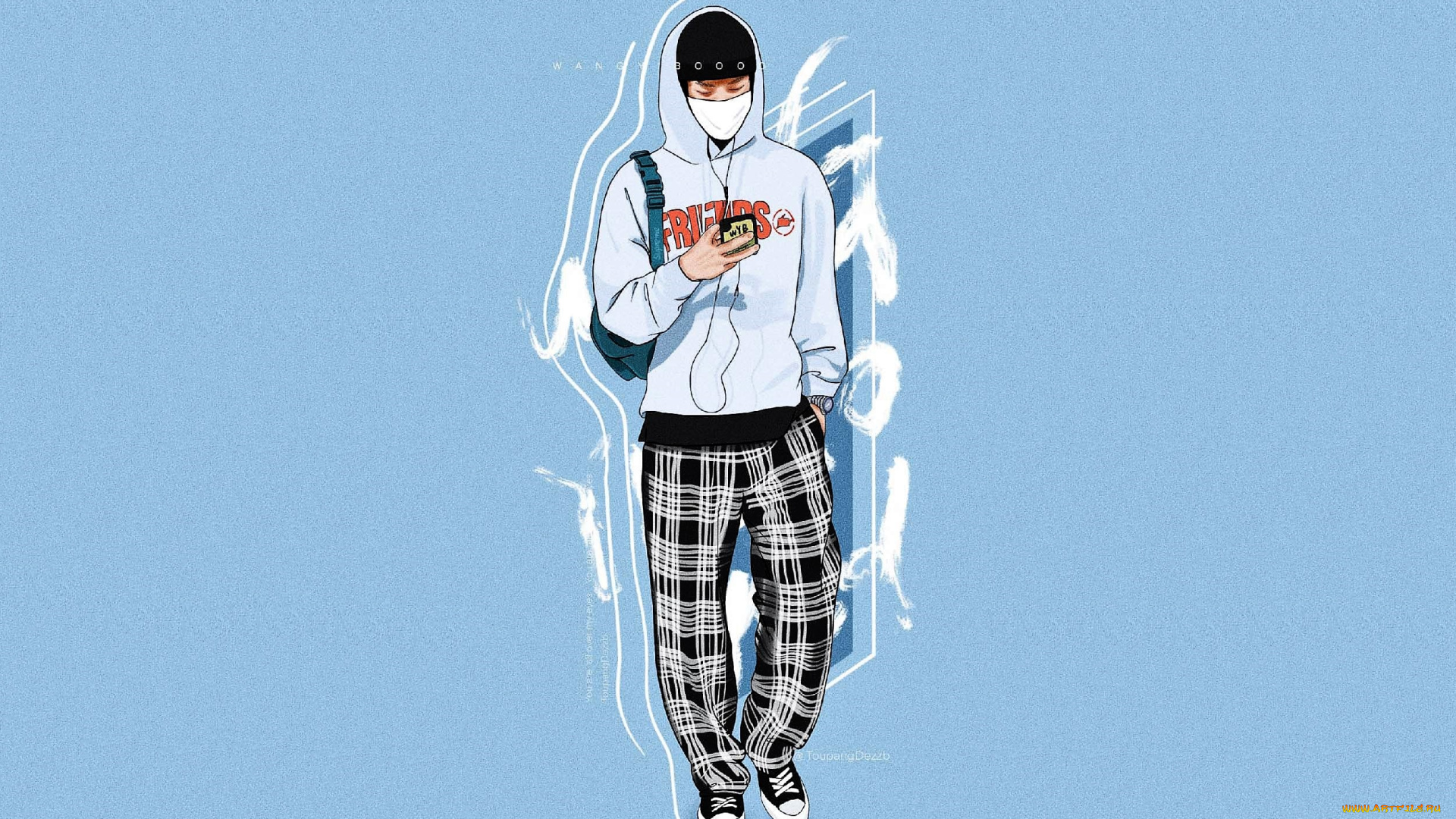 рисованное, люди, ван, ибо, толстовка, капюшон, маска, плеер