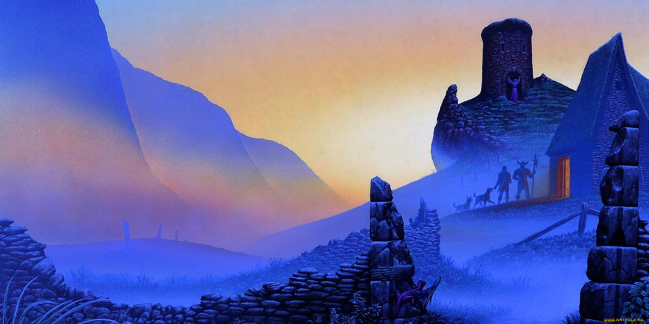 фэнтези, иные, миры, , иные, времена, горы, люди, собаки, дом, забор