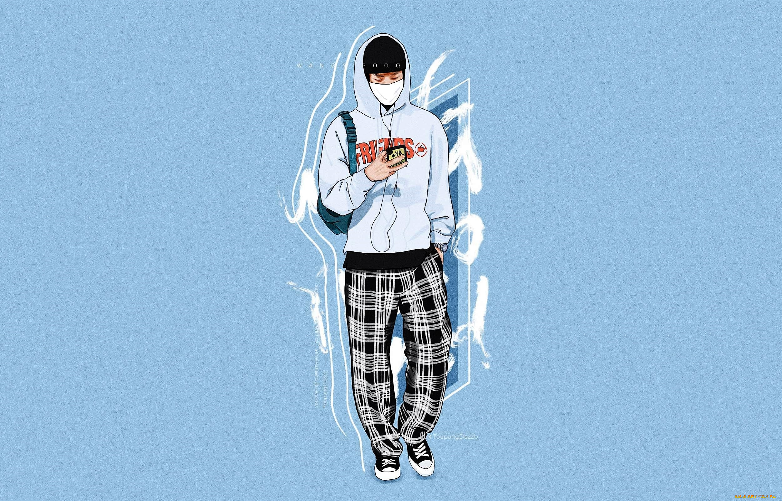 рисованное, люди, ван, ибо, толстовка, капюшон, маска, плеер