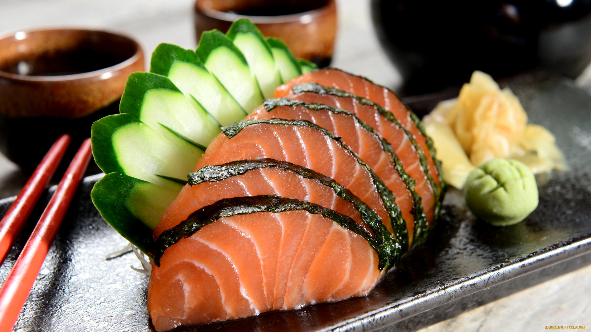 еда, рыбные, блюда, , с, морепродуктами, имбирь, рыба, соус, васаби