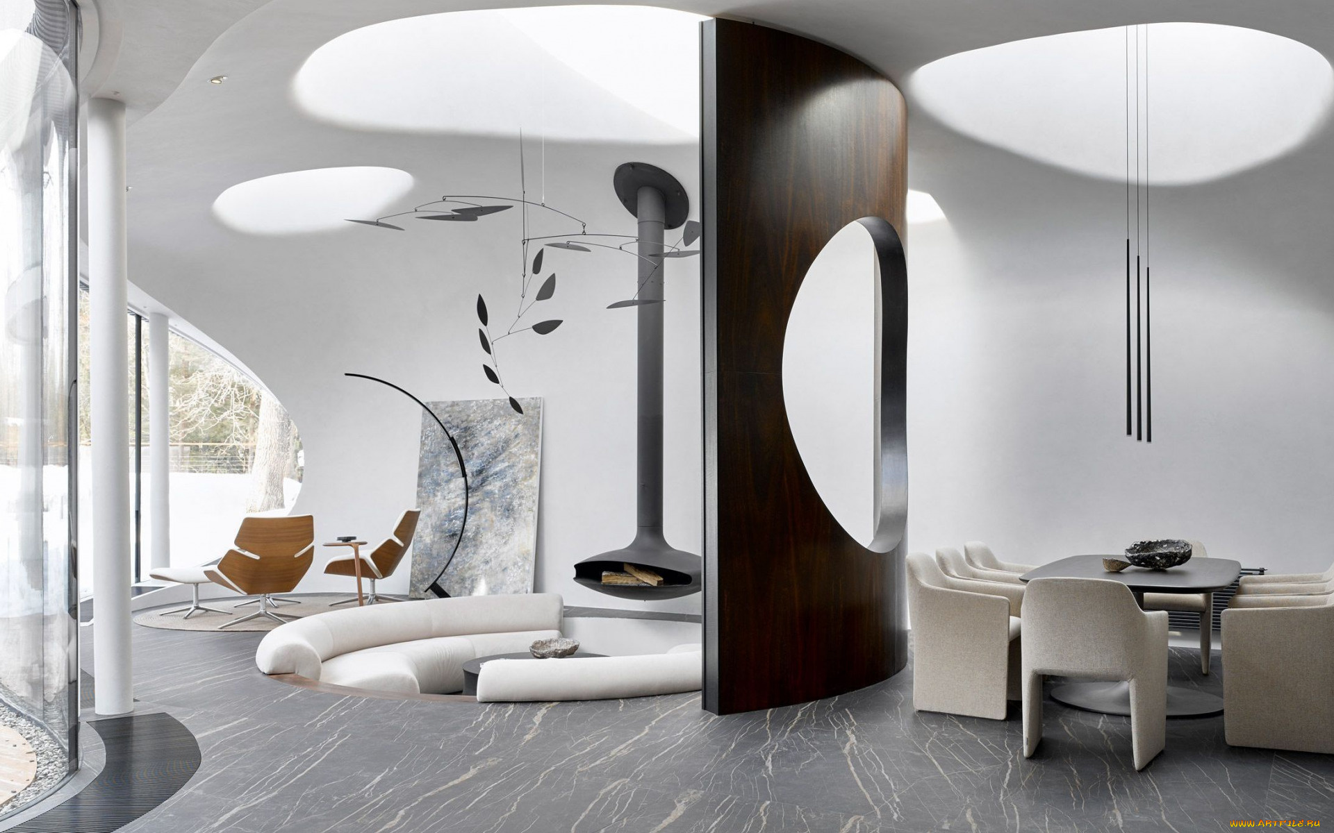 интерьер, гостиная, мягкий, уголок, камин