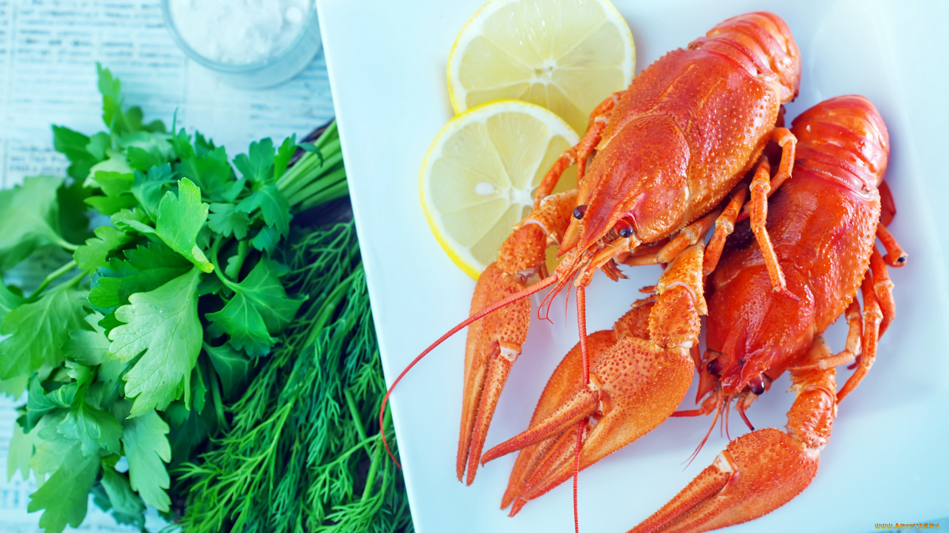 еда, рыбные, блюда, , с, морепродуктами, раки, укроп, лимон