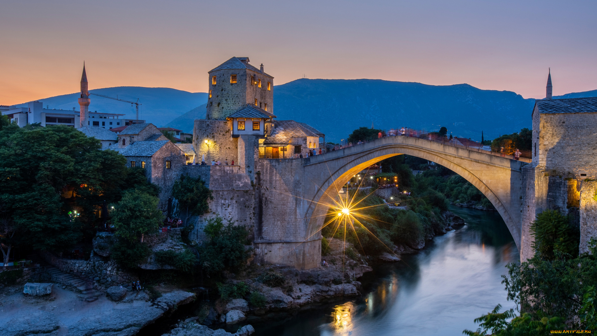 города, мостар, , босния, и, герцеговина, горы, река, мост