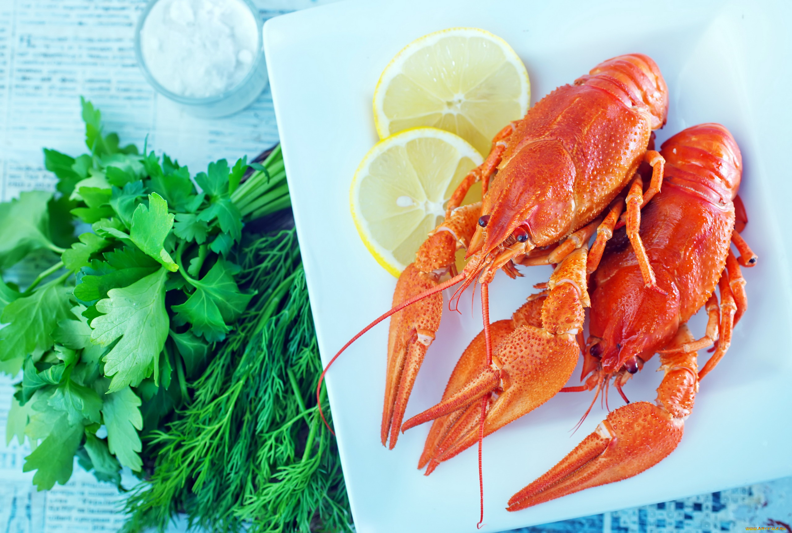 еда, рыбные, блюда, , с, морепродуктами, раки, укроп, лимон