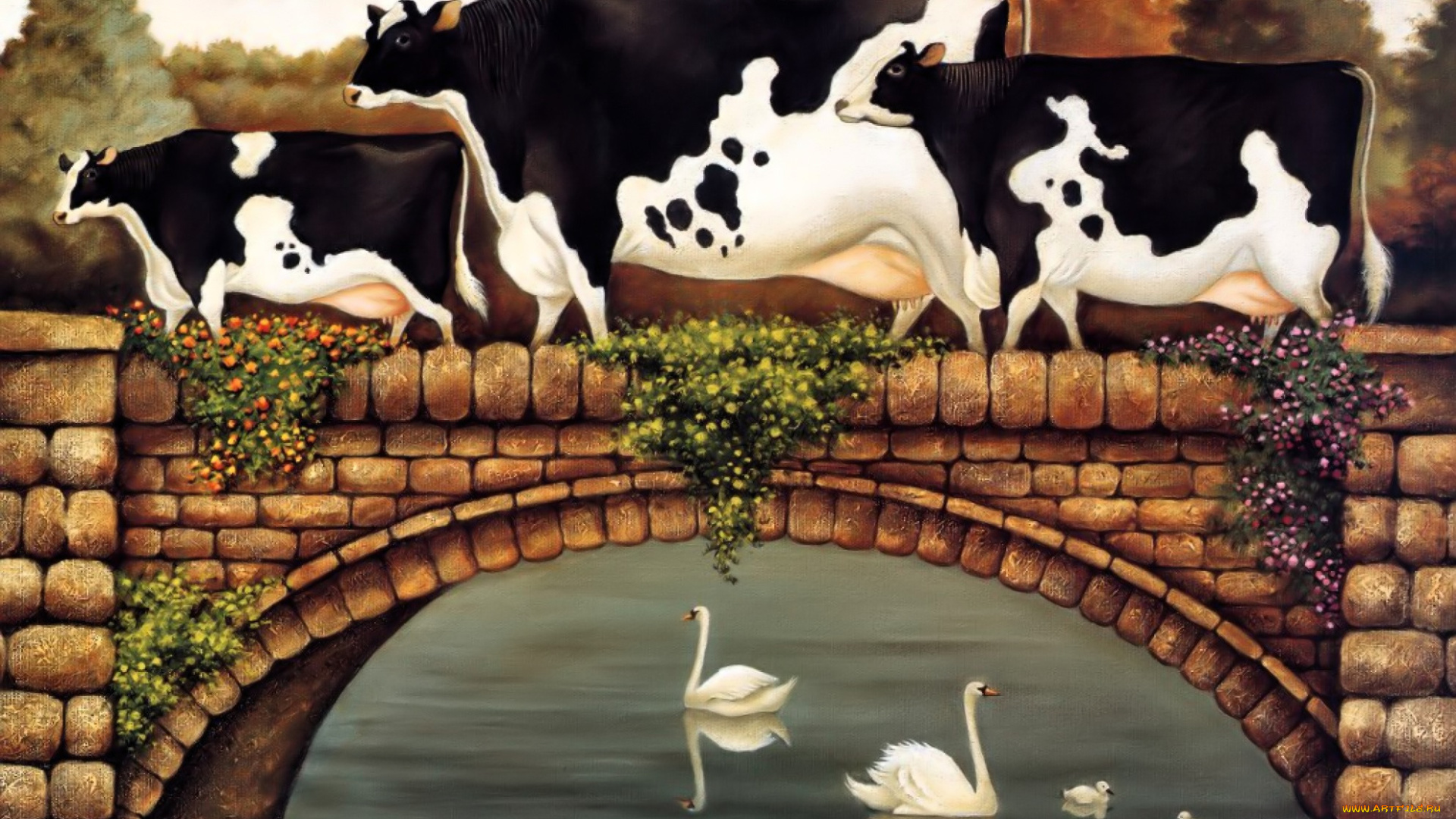 , herrero, рисованное, живопись, коровы, мост, озеро, лебеди