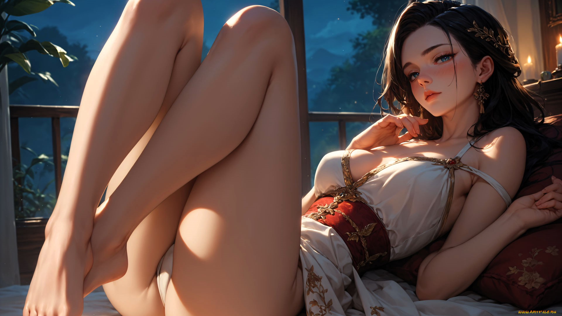 рисованное, люди, девушка, платье, постель, окно, луна