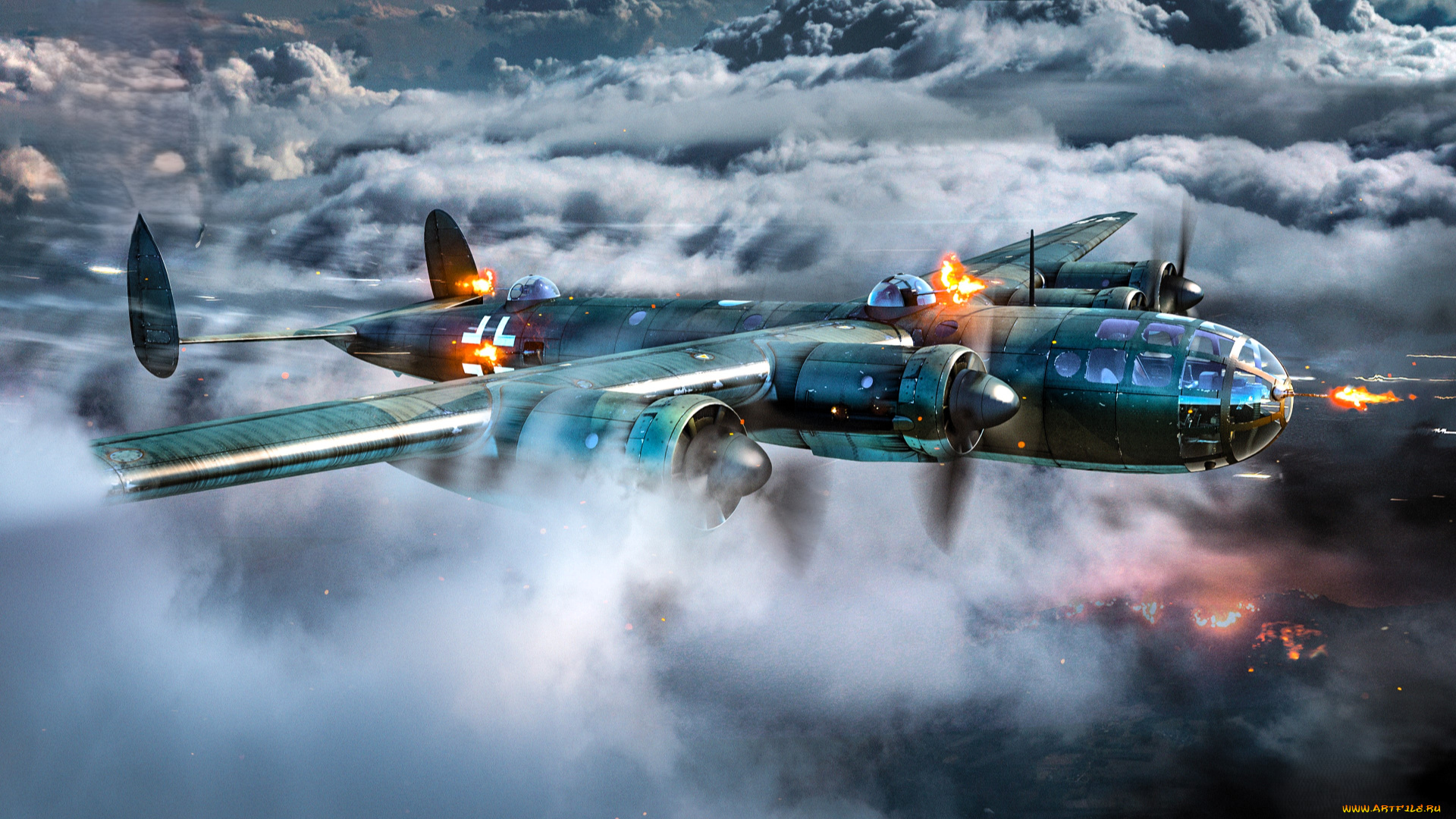 видео, игры, war, thunder, самолет, огонь, полет, облака