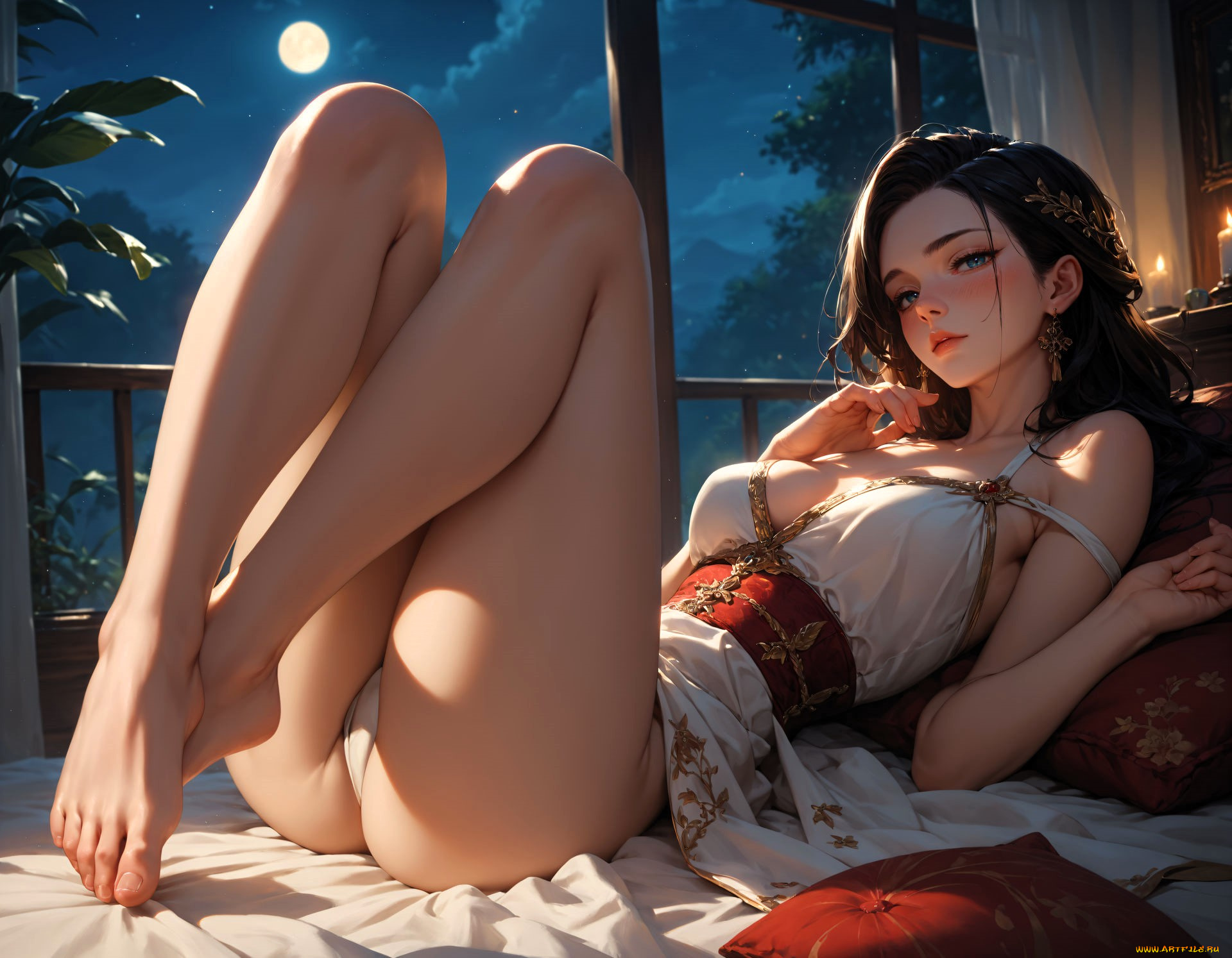 рисованное, люди, девушка, платье, постель, окно, луна