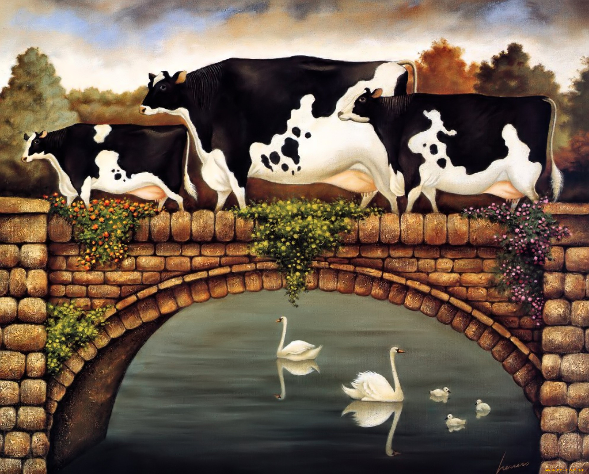 , herrero, рисованное, живопись, коровы, мост, озеро, лебеди