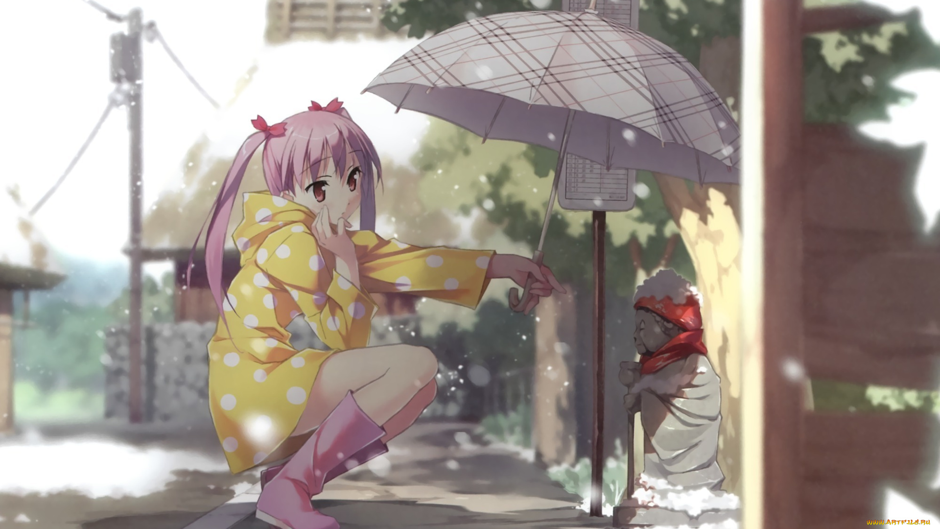 аниме, kantoku, artbook, снег, зима, улица, зонт, девушка