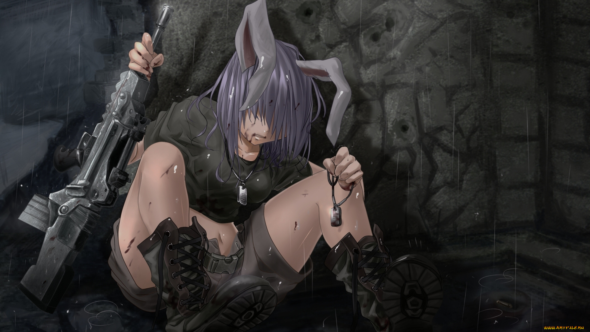 аниме, touhou, война, оружие, reisen, udongein, inaba, дождь