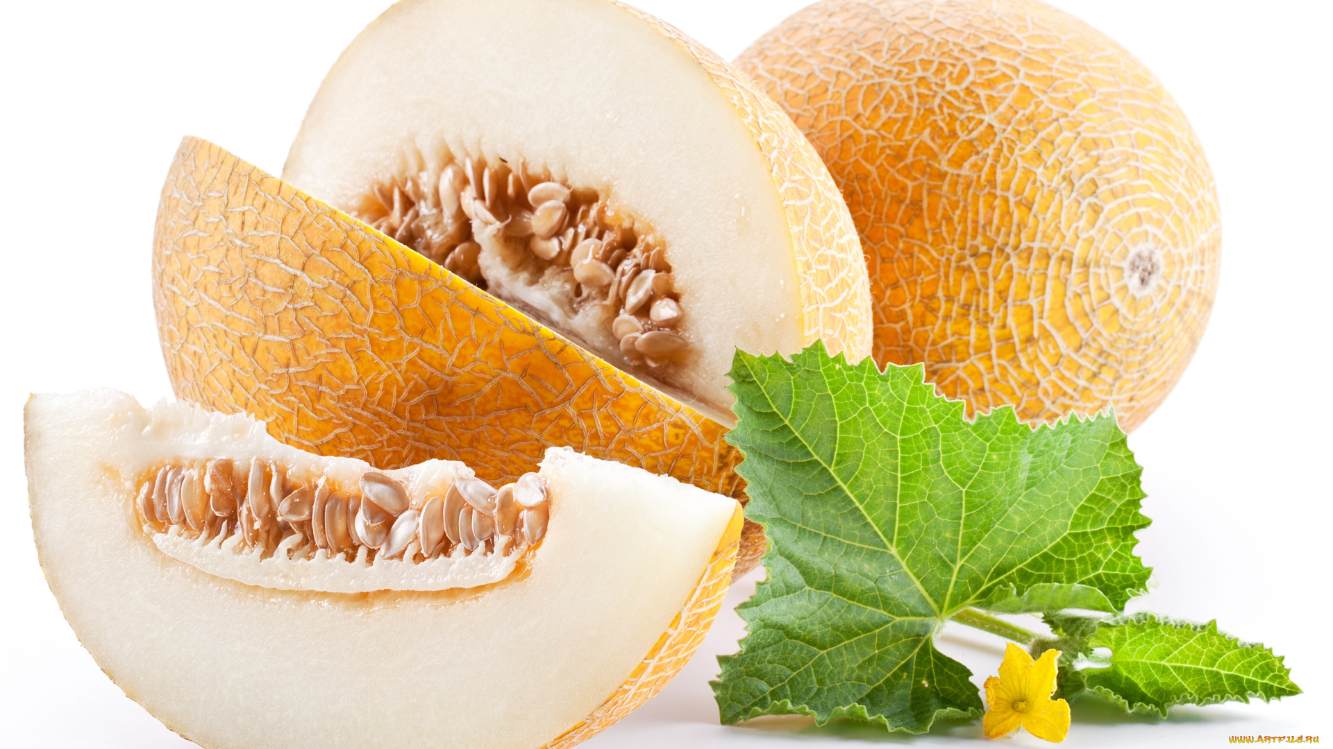 еда, дыня, дыни, спелые, желтые, ломоть, мякоть, косточки, лист