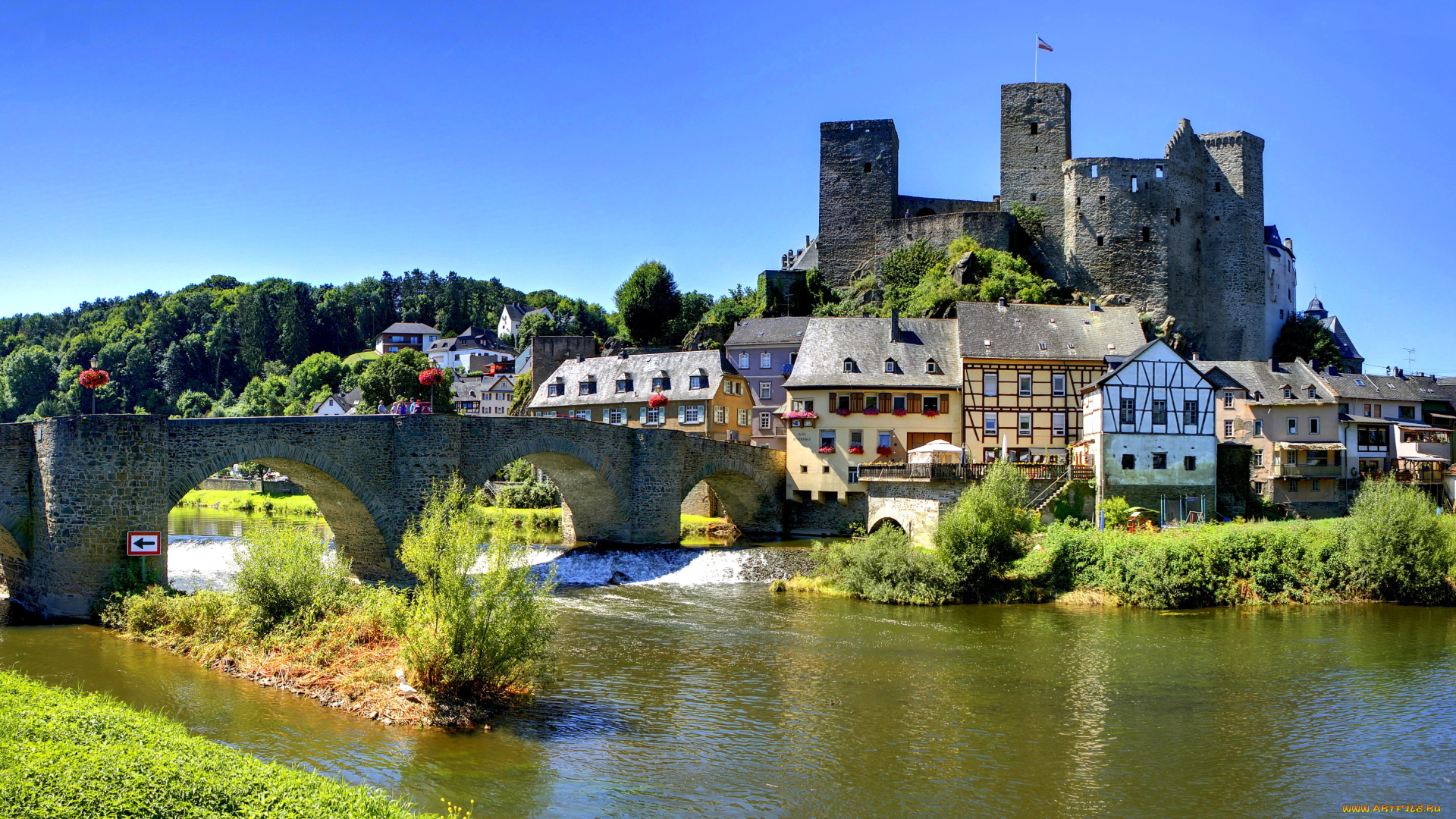 германия, рункель, города, мосты, река, дома, мост