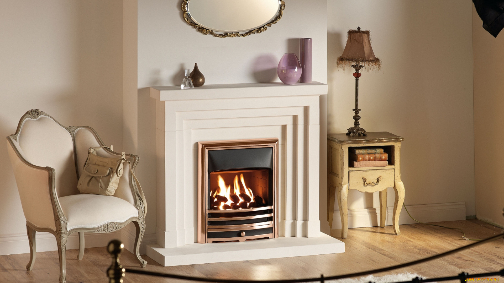 интерьер, камины, книги, лампа, зеркало, огонь, кресло, сумка