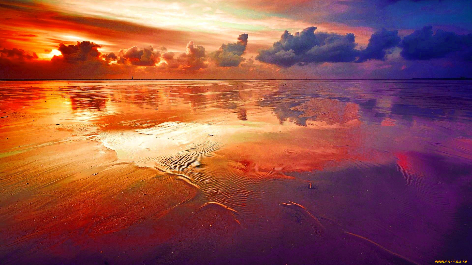 scenic, природа, восходы, закаты, закат, багровое, небо, отмель