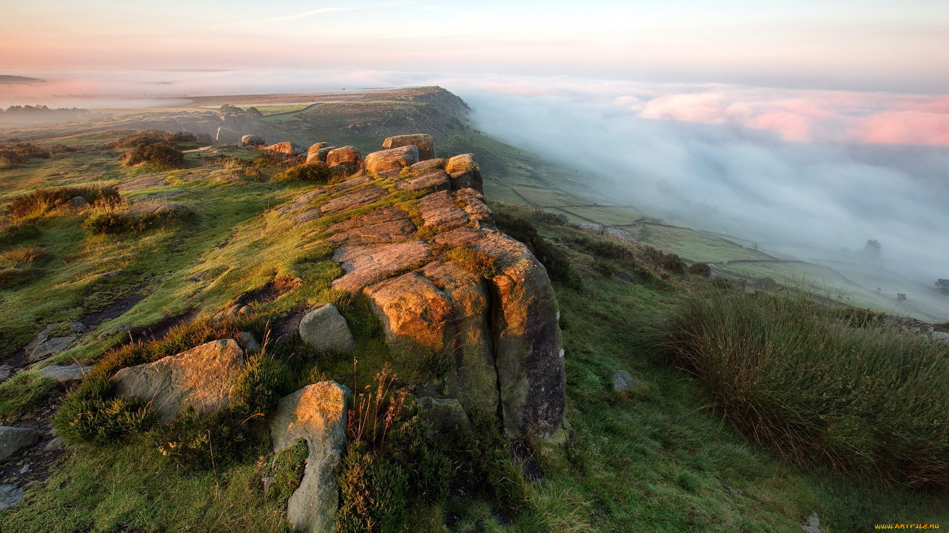 утро, туманное, природа, горы, туман, горная, равнина