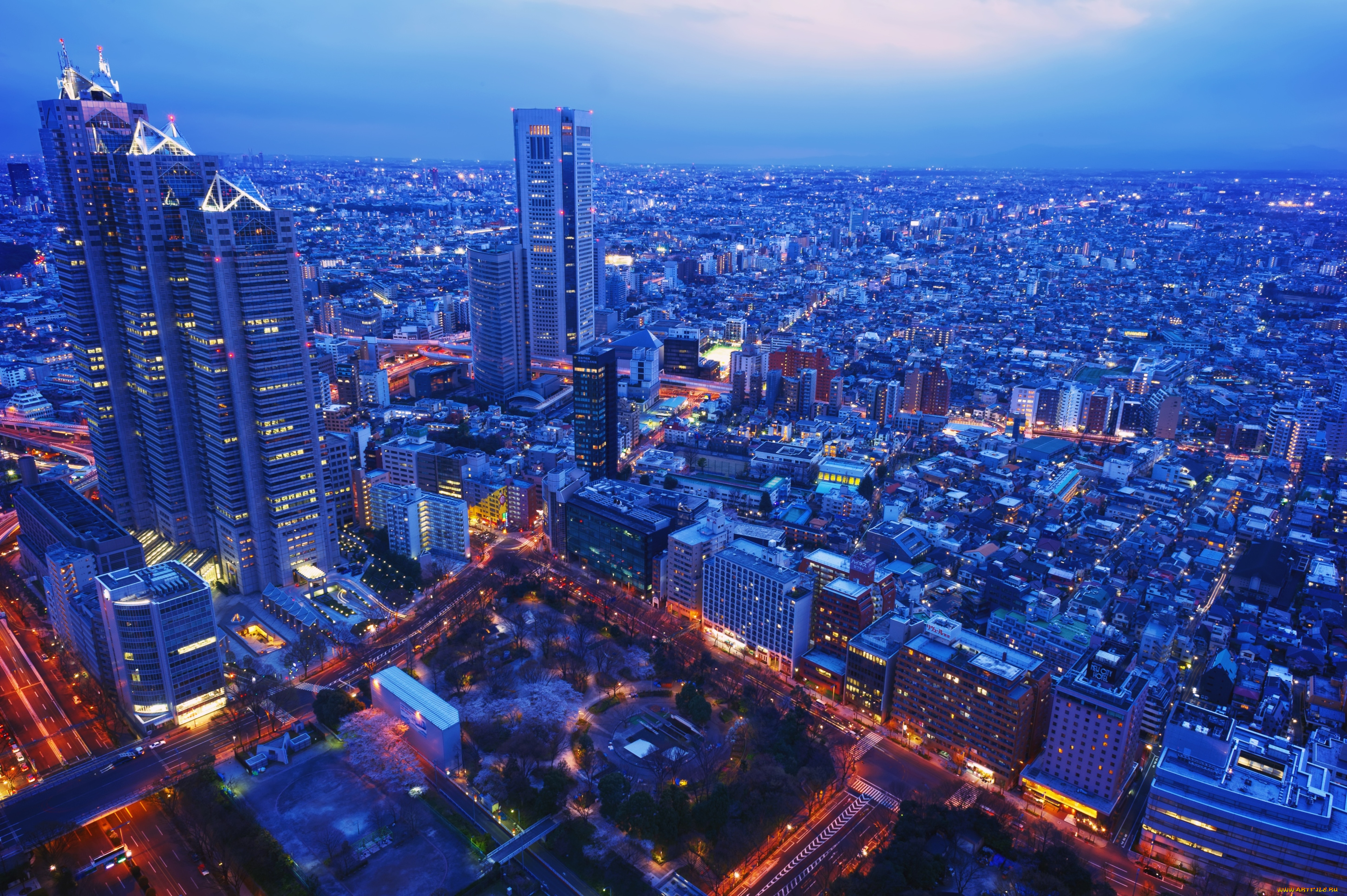 города, огни, ночного, небоскребы, здания, ночь, панорама