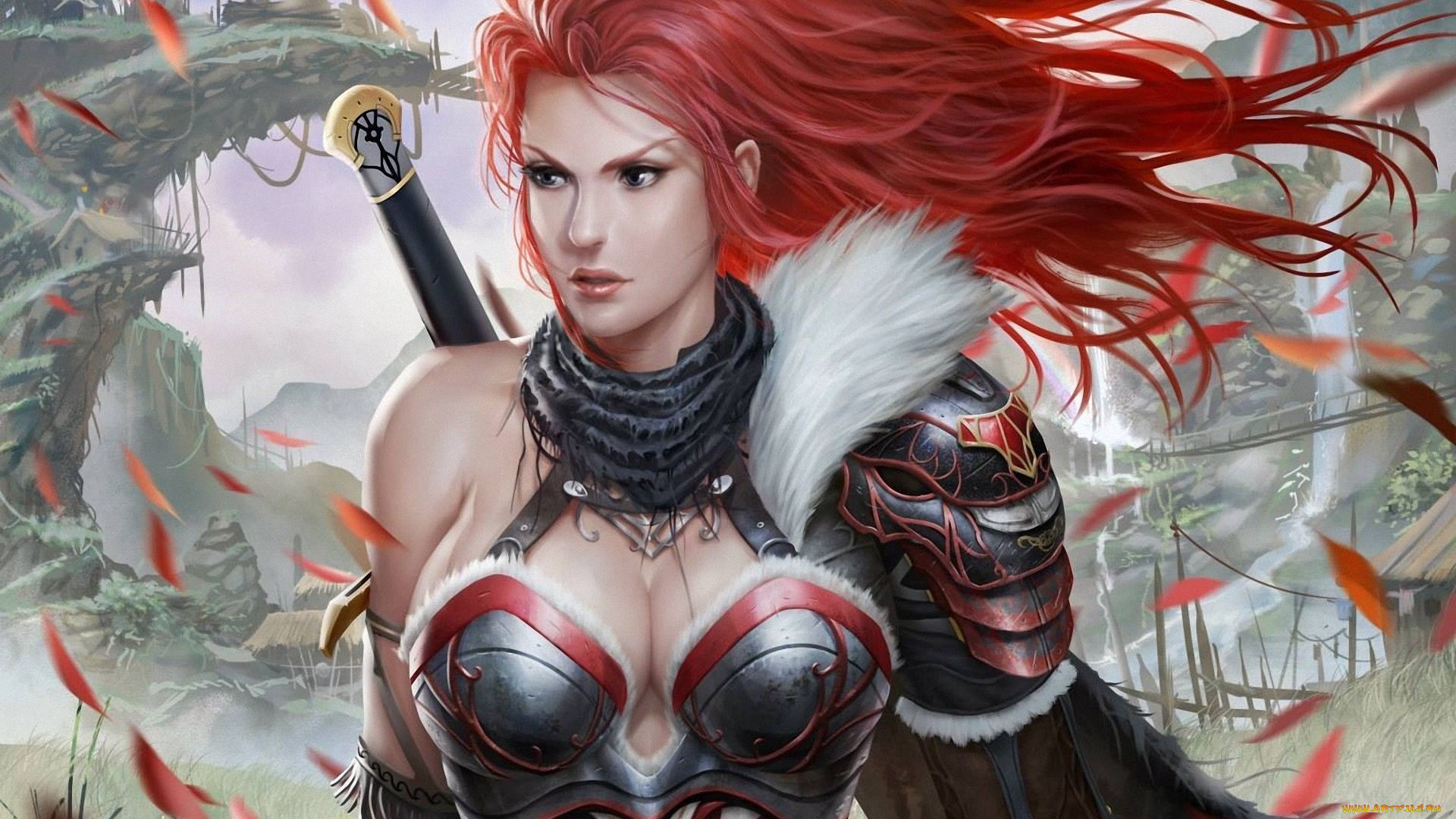 фэнтези, девушки, красные, волосы, рукоятка, лепестки, взгляд