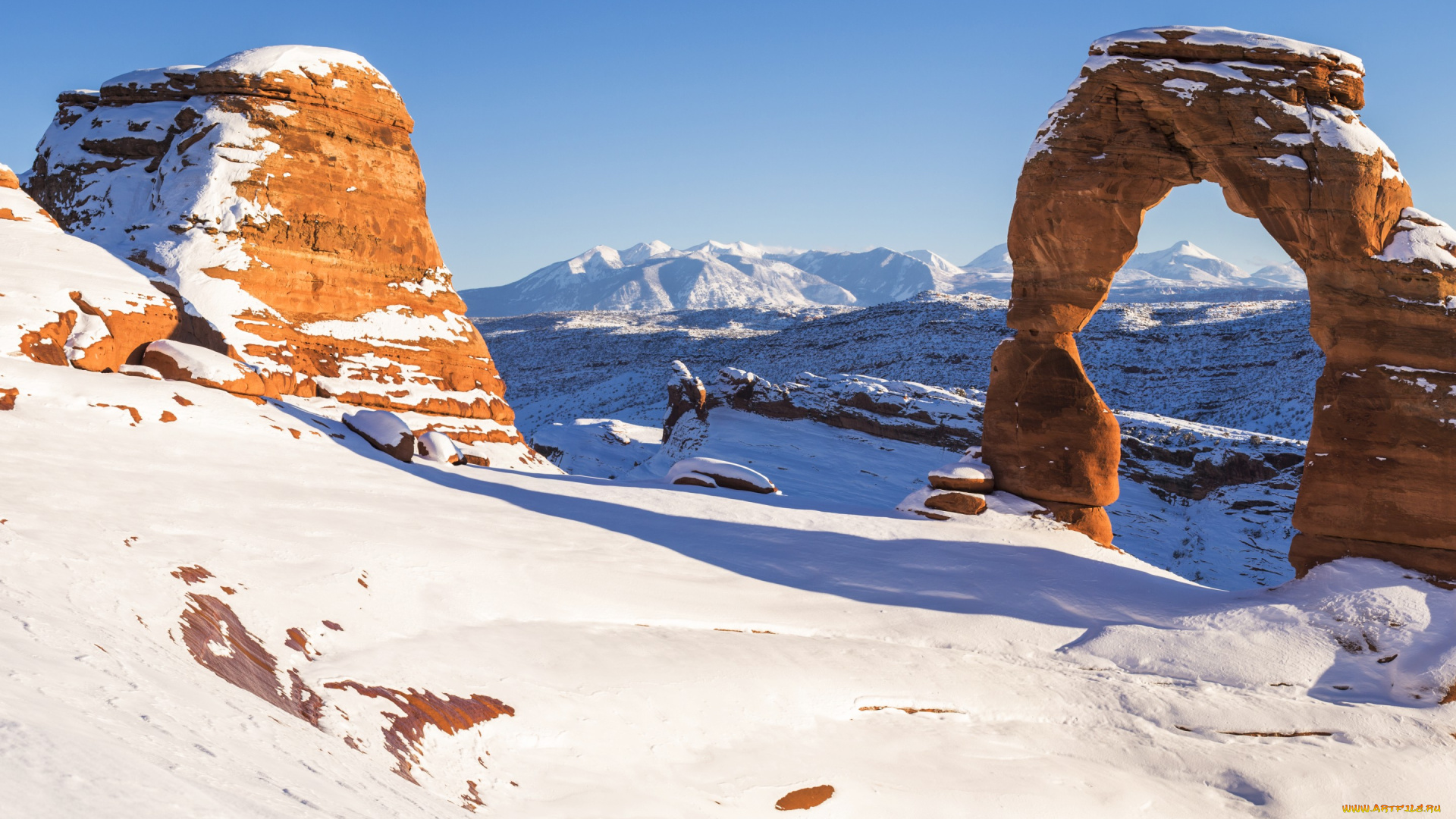 природа, горы, панорама, снег, зима, арка, скалы, каньон, сша