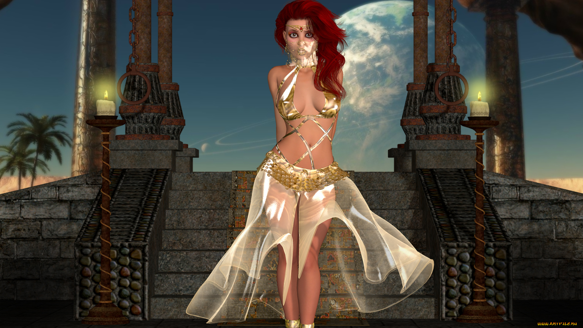 3д, графика, фантазия, , fantasy, свечи, лестница, луна, рыжая, фон, взгляд, девушка