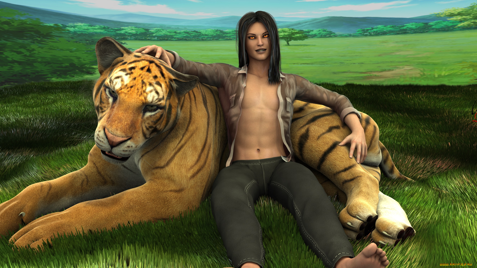 3д, графика, люди, , people, тигр, взгляд, фон, девушка