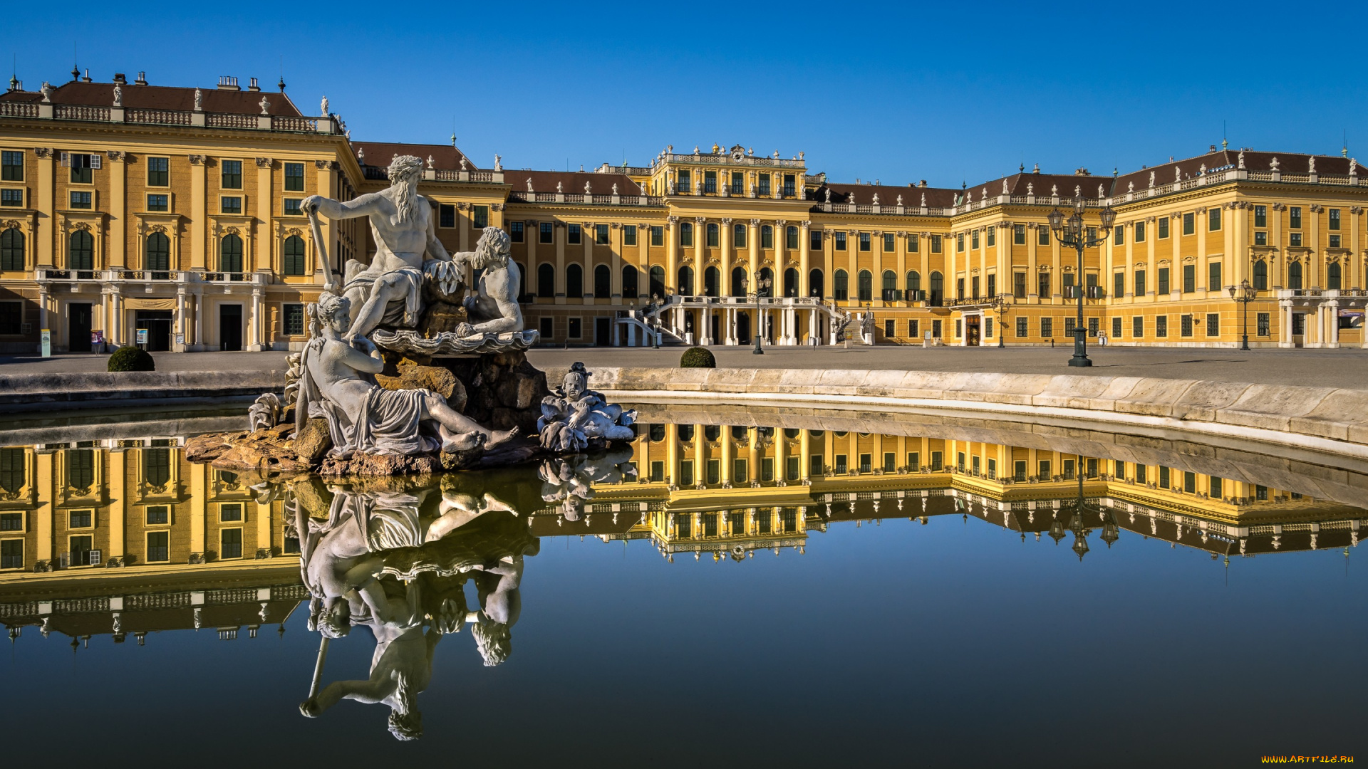 города, -, памятники, , скульптуры, , арт-объекты, schonbrunn, palace, vienna, austria, дворец, шёнбрунн, вена, австрия, фонтан, скульптура, вода, отражение